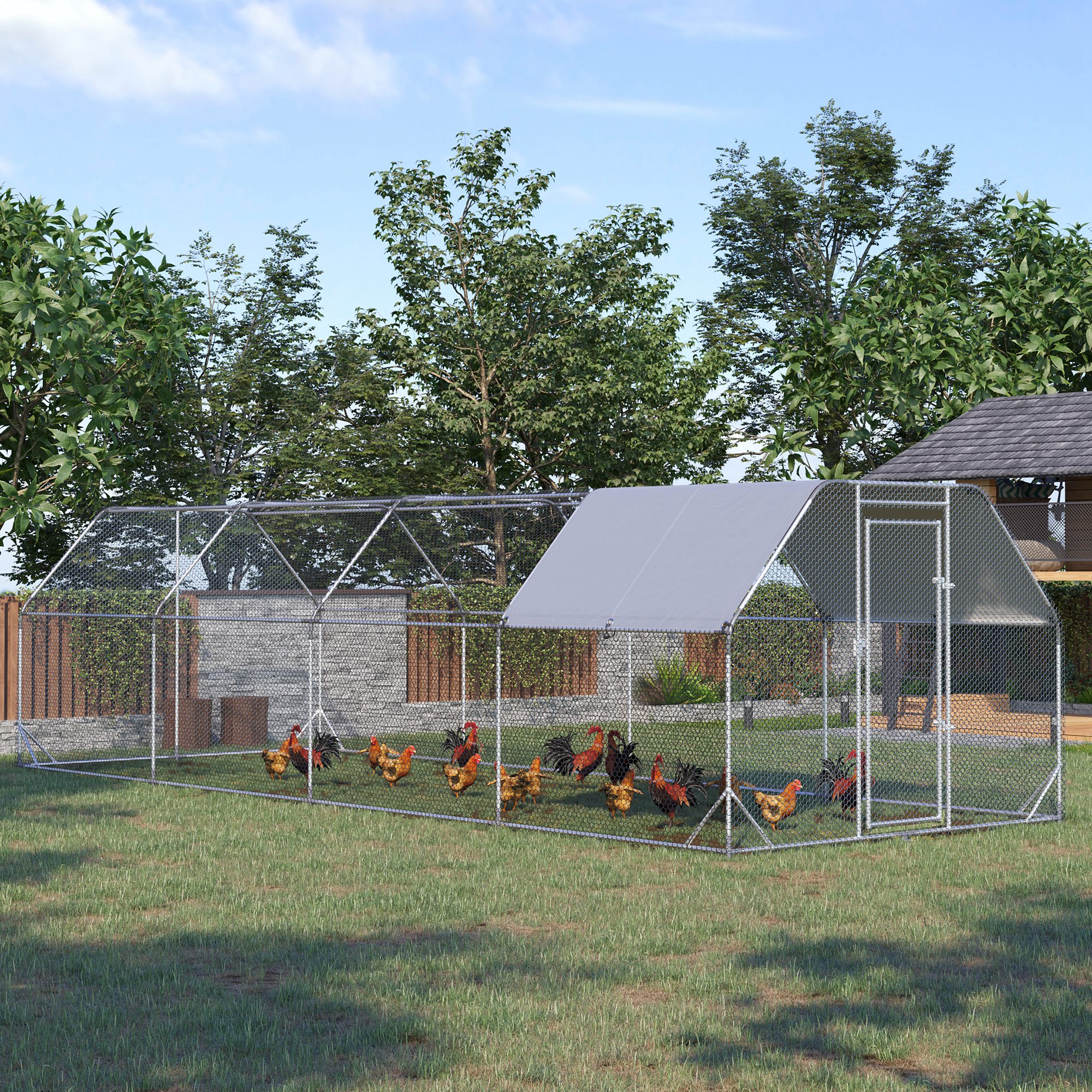 Chicken Run Outdoor, Galvanized Large Metal Chicken Coop Cage, Walk-in Enclosure Poultry Hen Run House Playpen Rabbit Hutch with Flat Roof, Cover, 9.2'x24.9'x6.5',Silver