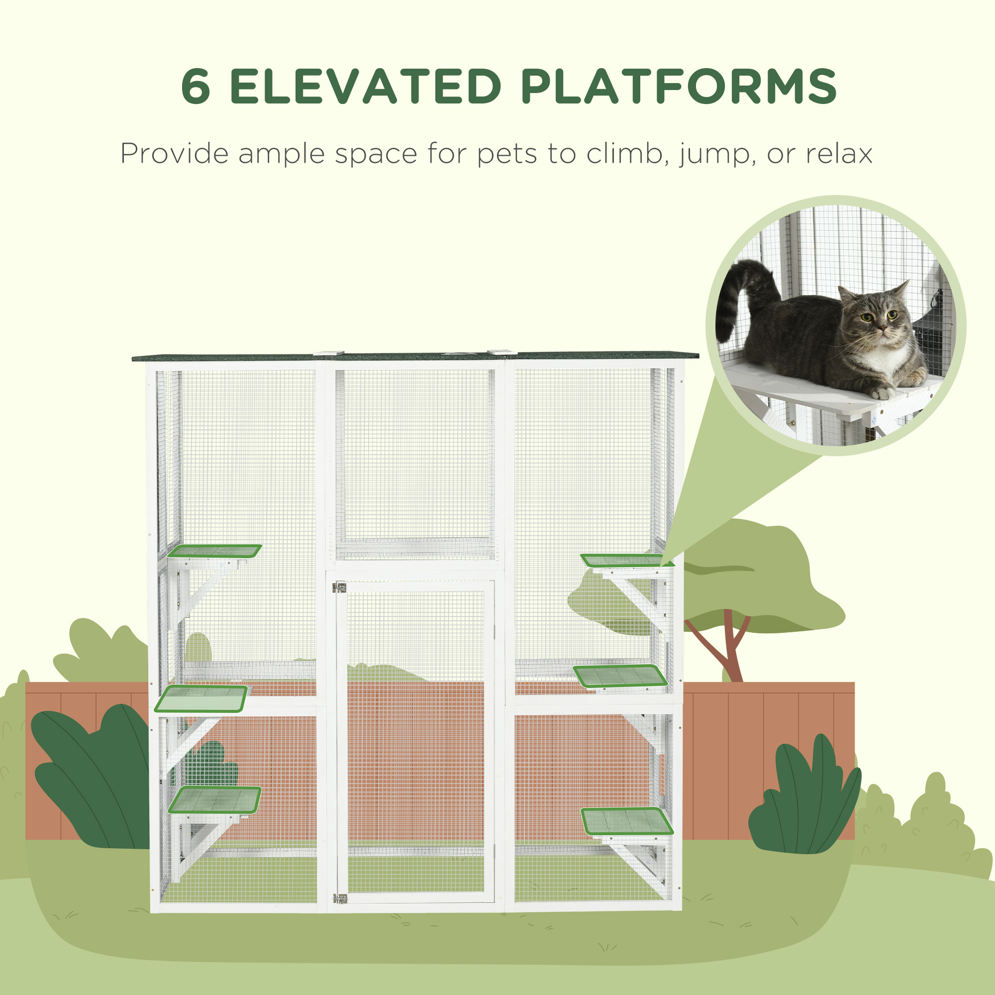 Large Outdoor Catio Enclosure, Wooden Cat Patio with 6 Balanced Platforms and Asphalt Roof, 70.9" x 38.6" x 70.9", White