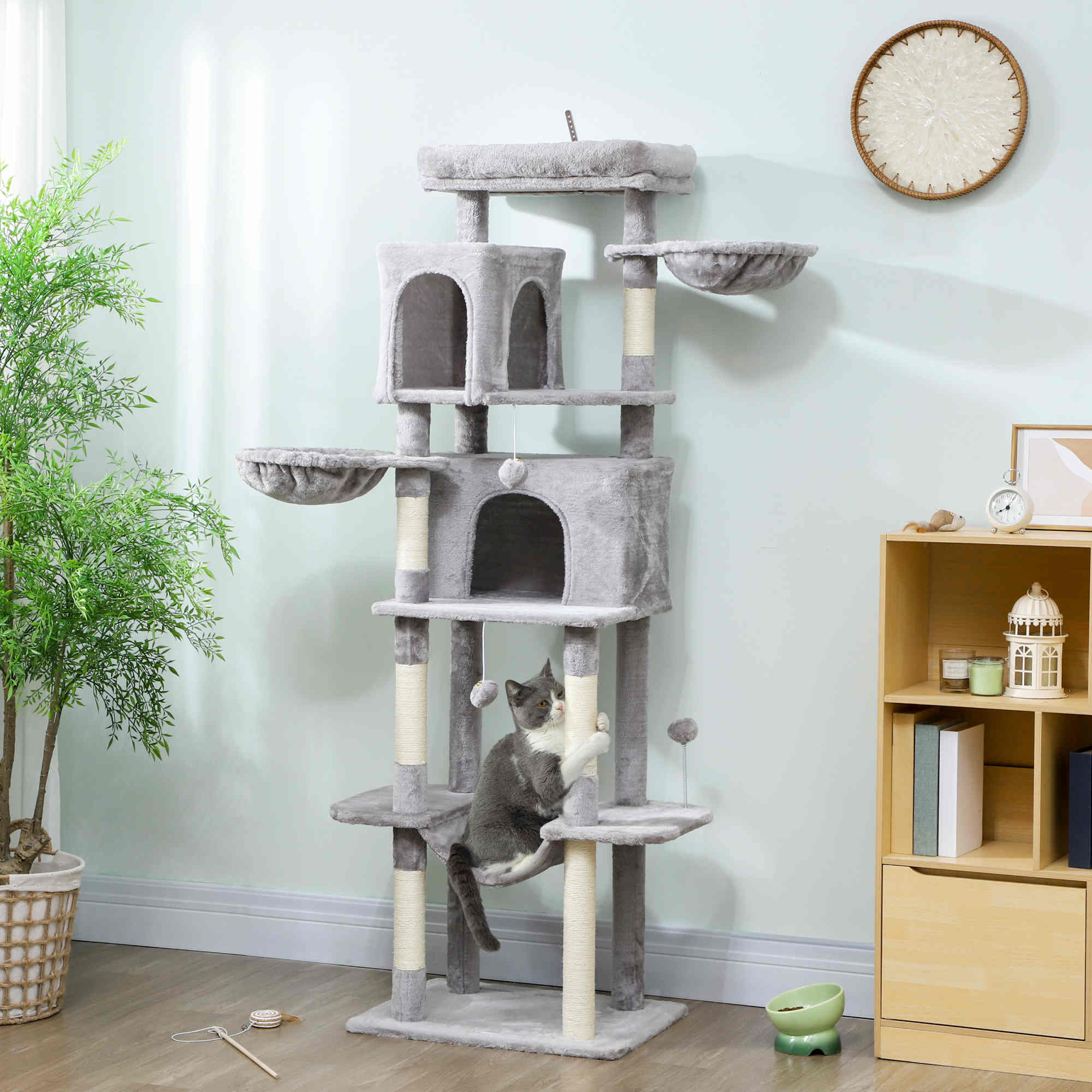 69" Cat Tree, Multi-Level Cat Tower with 2 Condos, Plush Perch and Sisal Scratching Posts, Light Grey