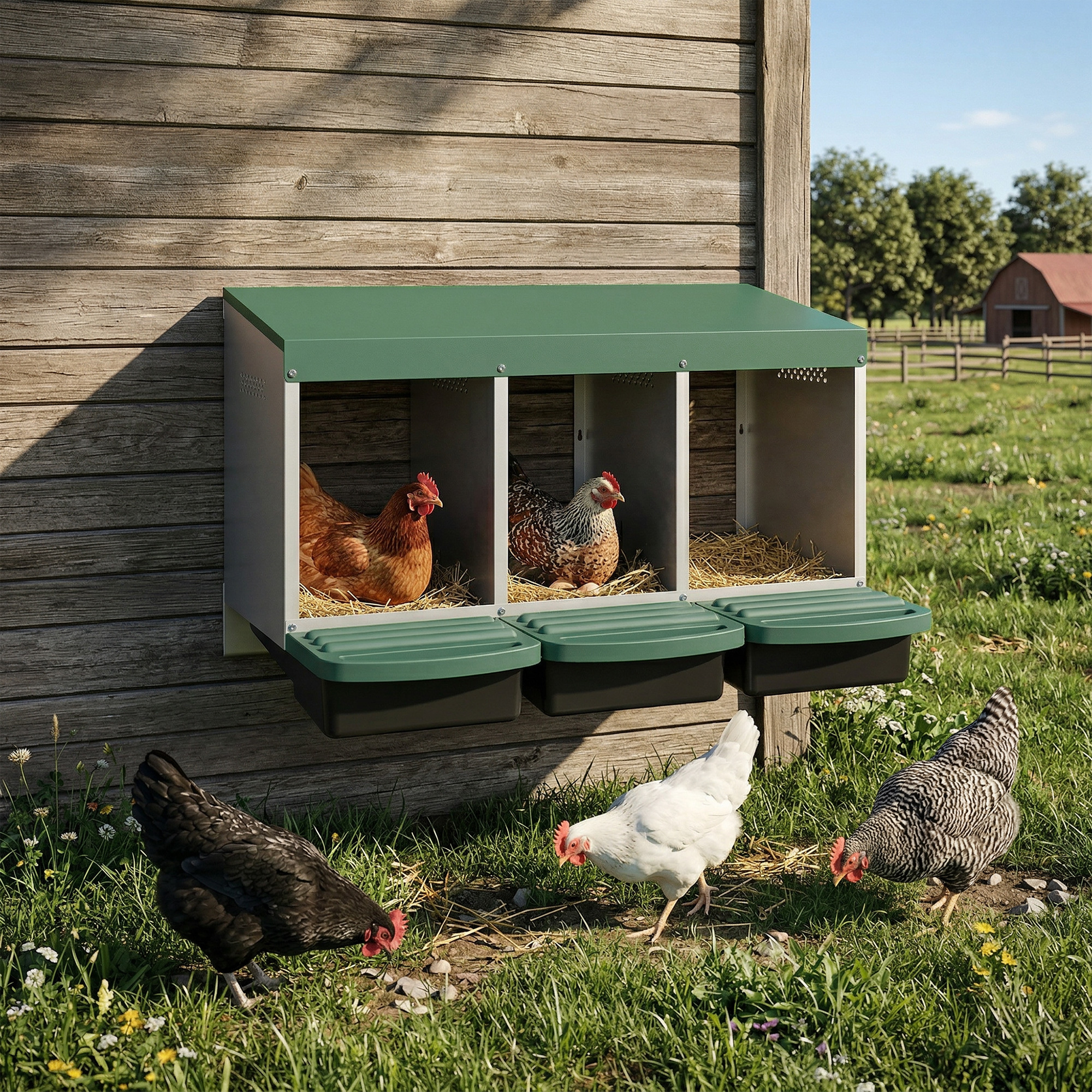 Chicken Nesting Boxes, 3 Compartment Metal Nesting Boxes for Chicken Coop, Egg Laying Boxes with Lid Cover