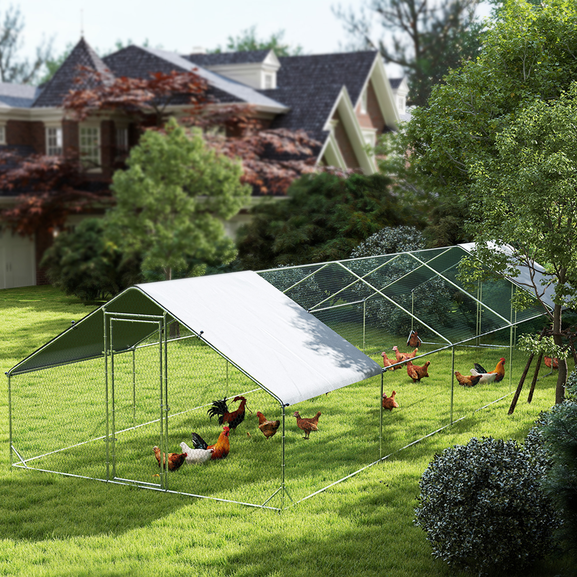 Metal Chicken Coop with Water & UV Protection Cover for Backyard Hen, Duck, Rabbit, 9.8' x 32.8' x 6.4'