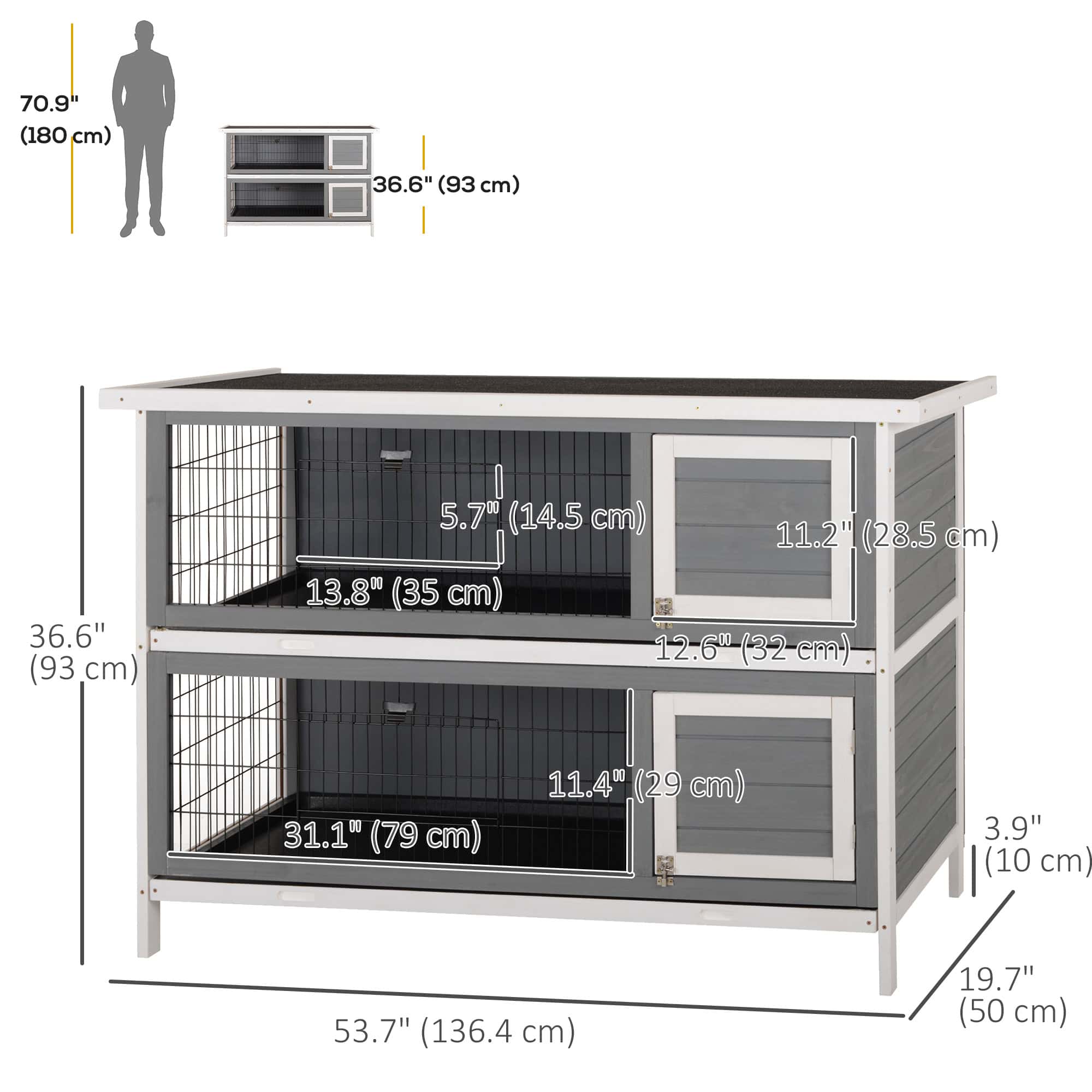 2 Tier Wooden Rabbit Hutch Bunny Pet House Wooden Coop Run, Grey