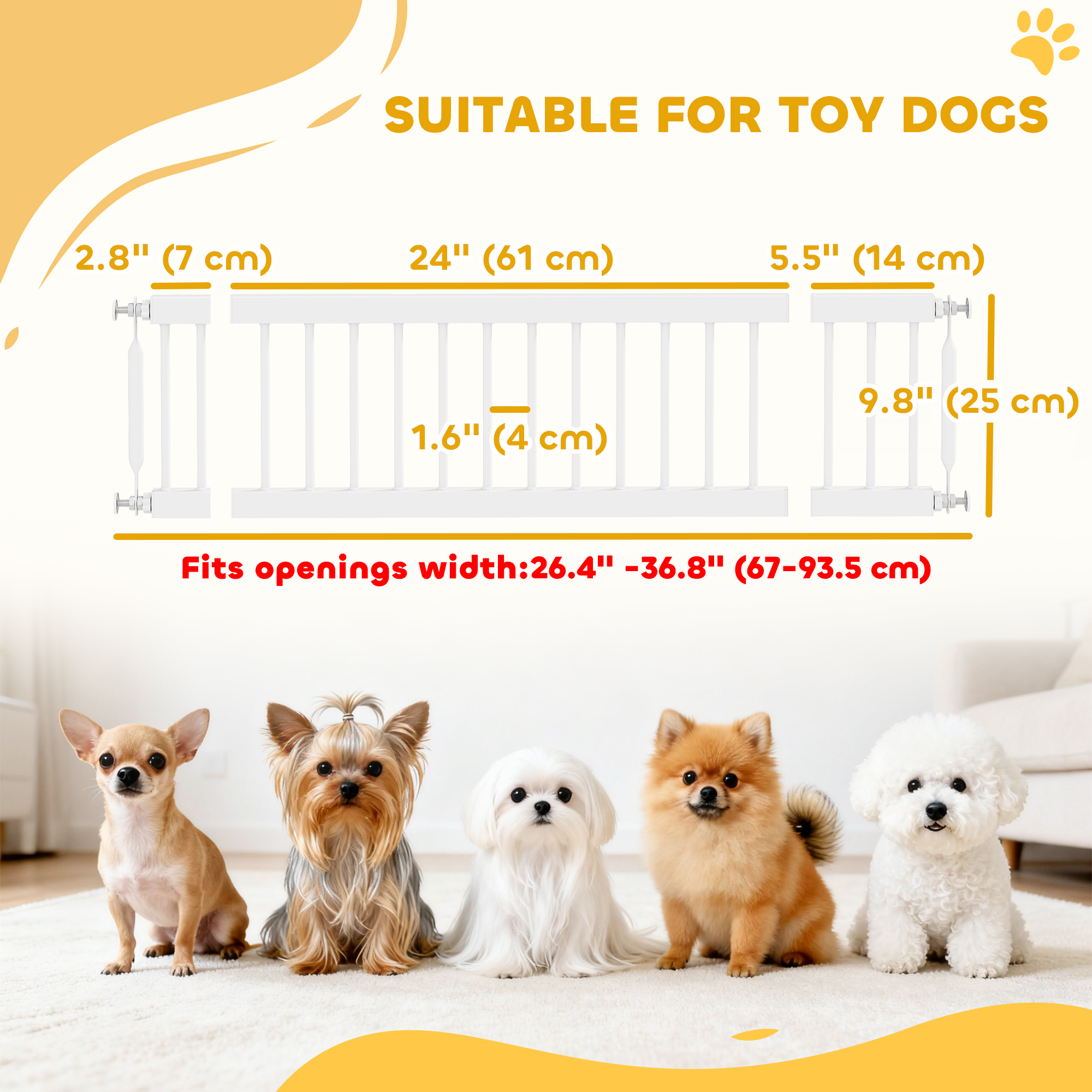 26"-37" Dog Gate, Adjustable Pet Gate, Fits 10" Tall with 2 Extension, Pressure Mount Kit for Stairs and Doorways, White