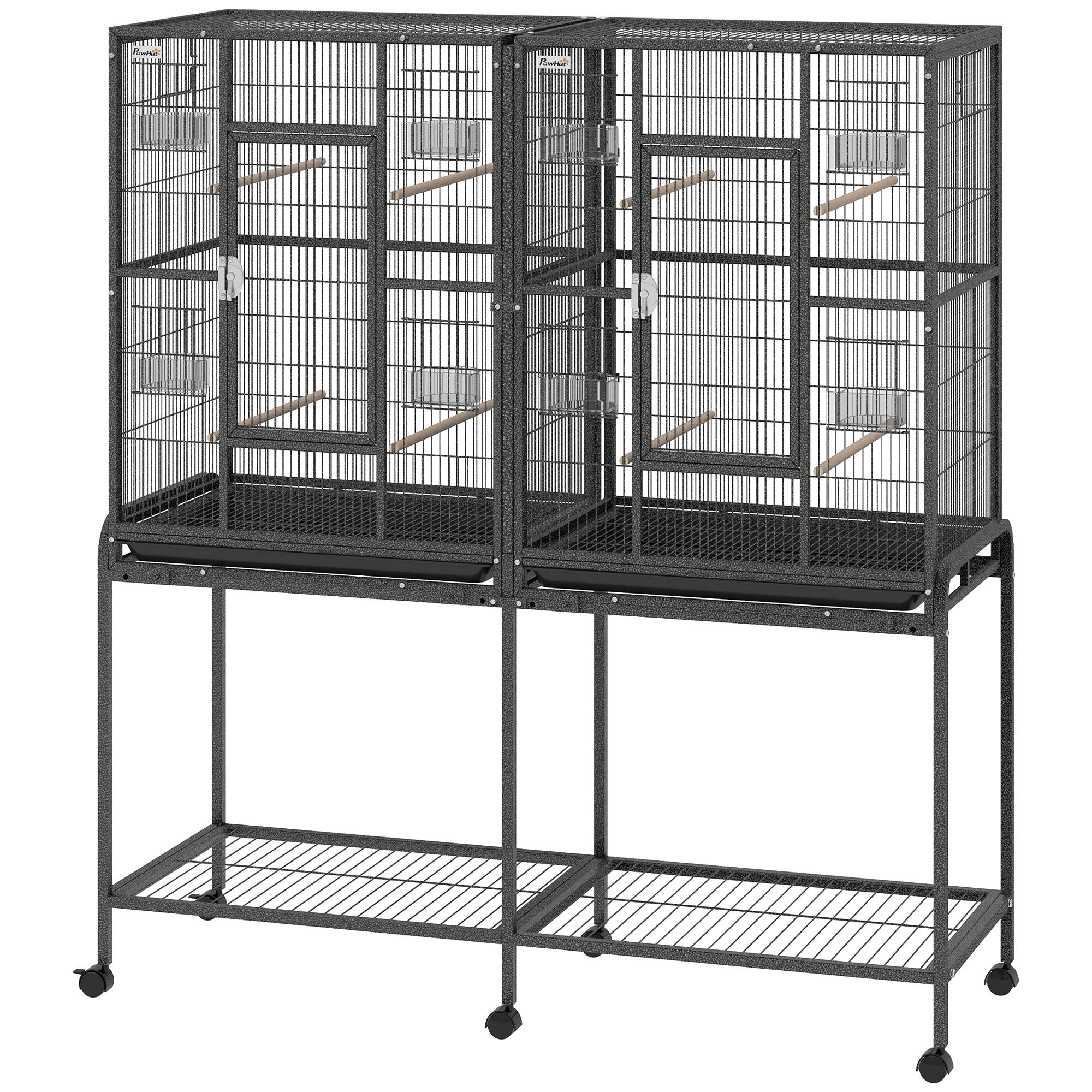 56"H Bird Cage, Parrot Cage w/ Detachable Rolling Stand, Removable Tray, Storage Shelf, Perches, Food Container