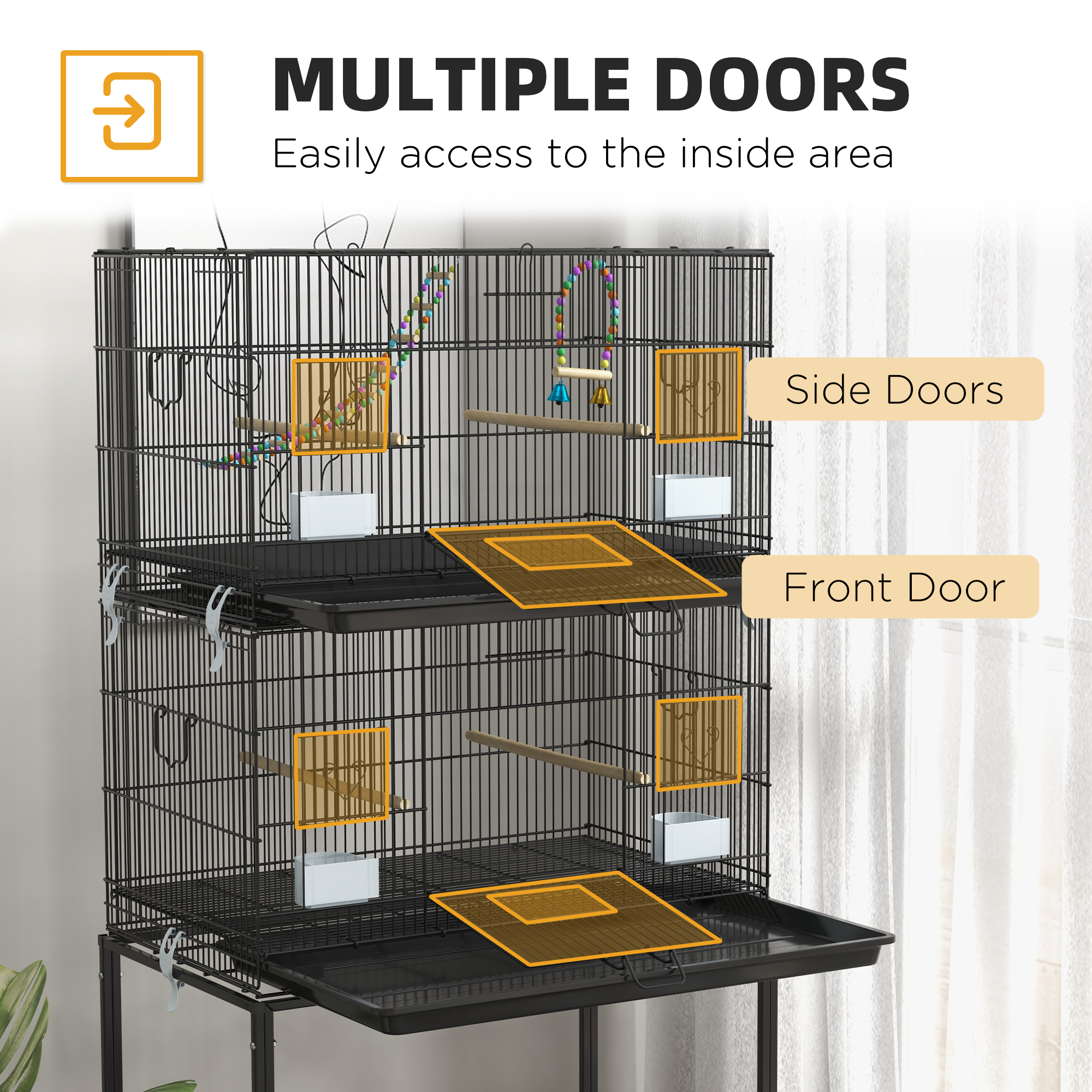 65" Birdcage for Canaries, Lovebirds Finches, Budgie Cage with Wheels, Black