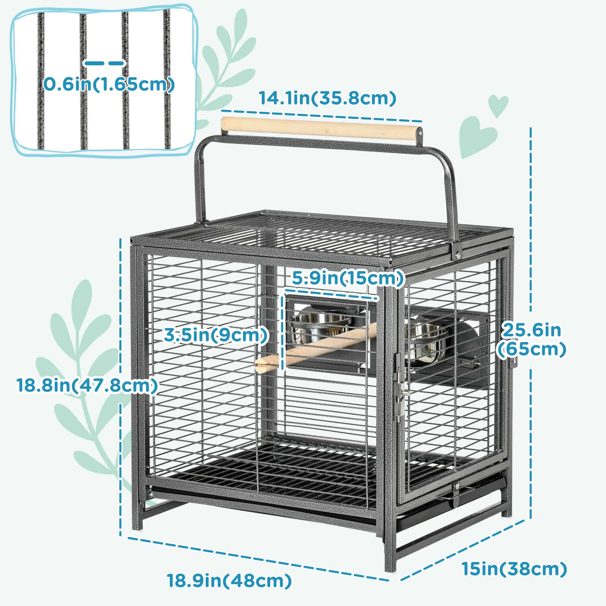 Bird Travel Carrier Cage, Portable Metal Bird Cage for Parrots Conures Cockatiel Parakeets with Stand Perch, Stainless Steel Bowls, Pull Out Tray, 19" x 15" x 26", Black