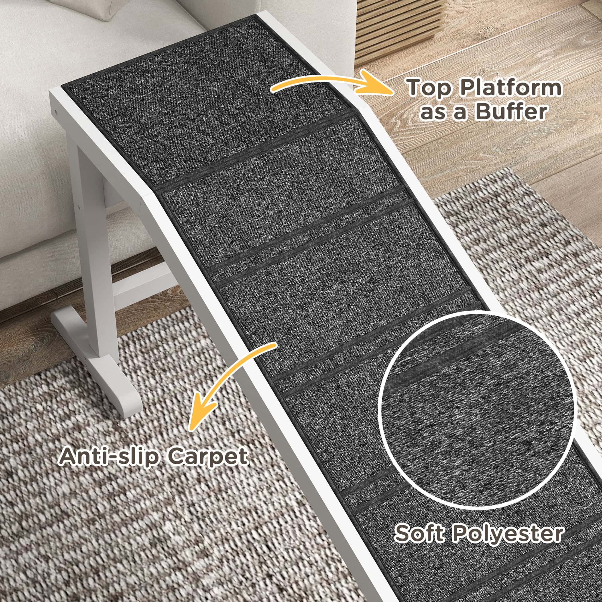 Pet Ramp, Dog Bed Steps with Non-slip Carpet, Top Platform, 74" x 16" x 25", White - Image 6