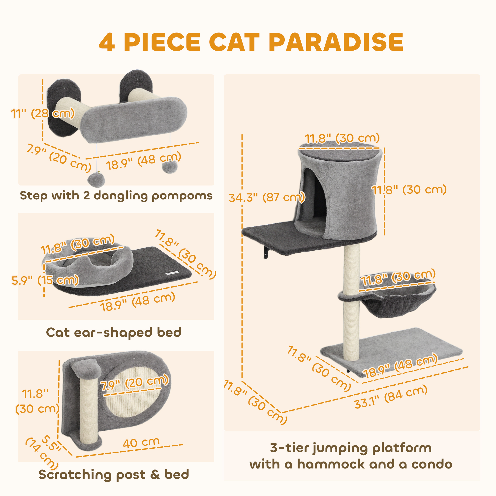 4Pcs Cat Wall Shelves with Scratching Post & Pad, Condo, Hammock, Bed, Step, Hanging Pompoms, Perches