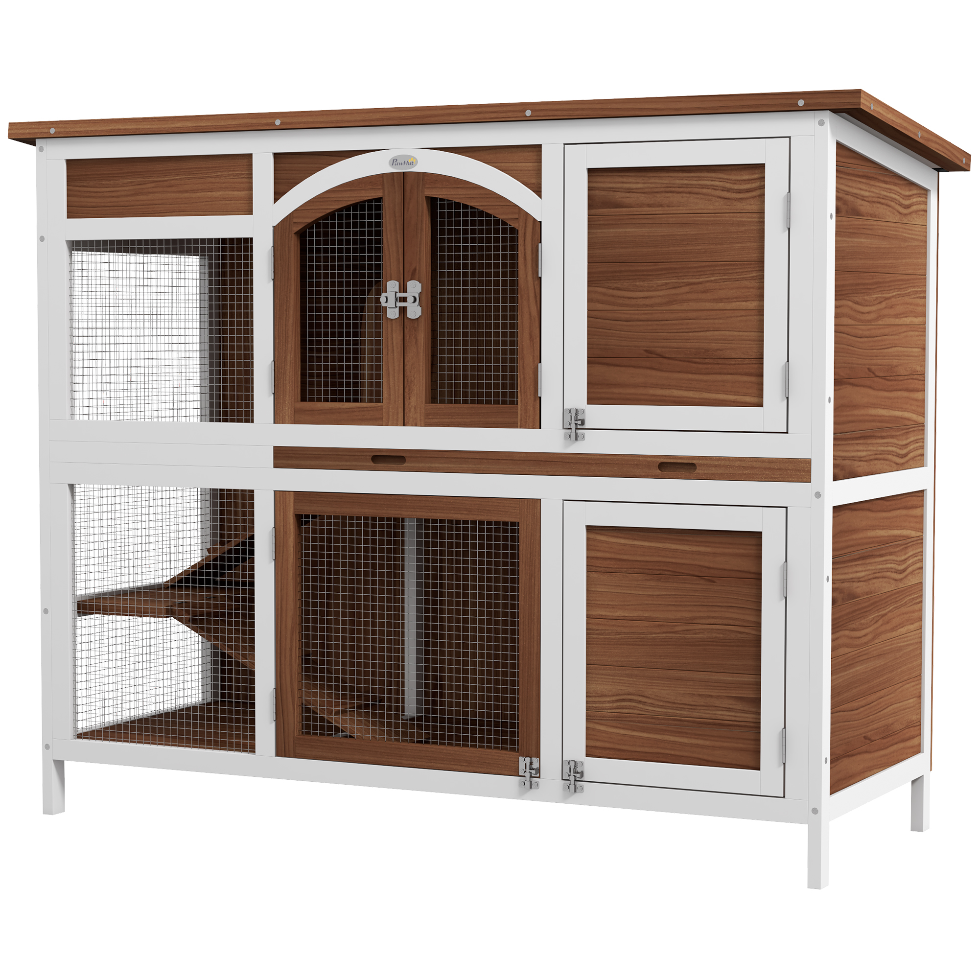 Two-Tier Wooden Rabbit Hutch with Openable Roof, Slide-Out Tray