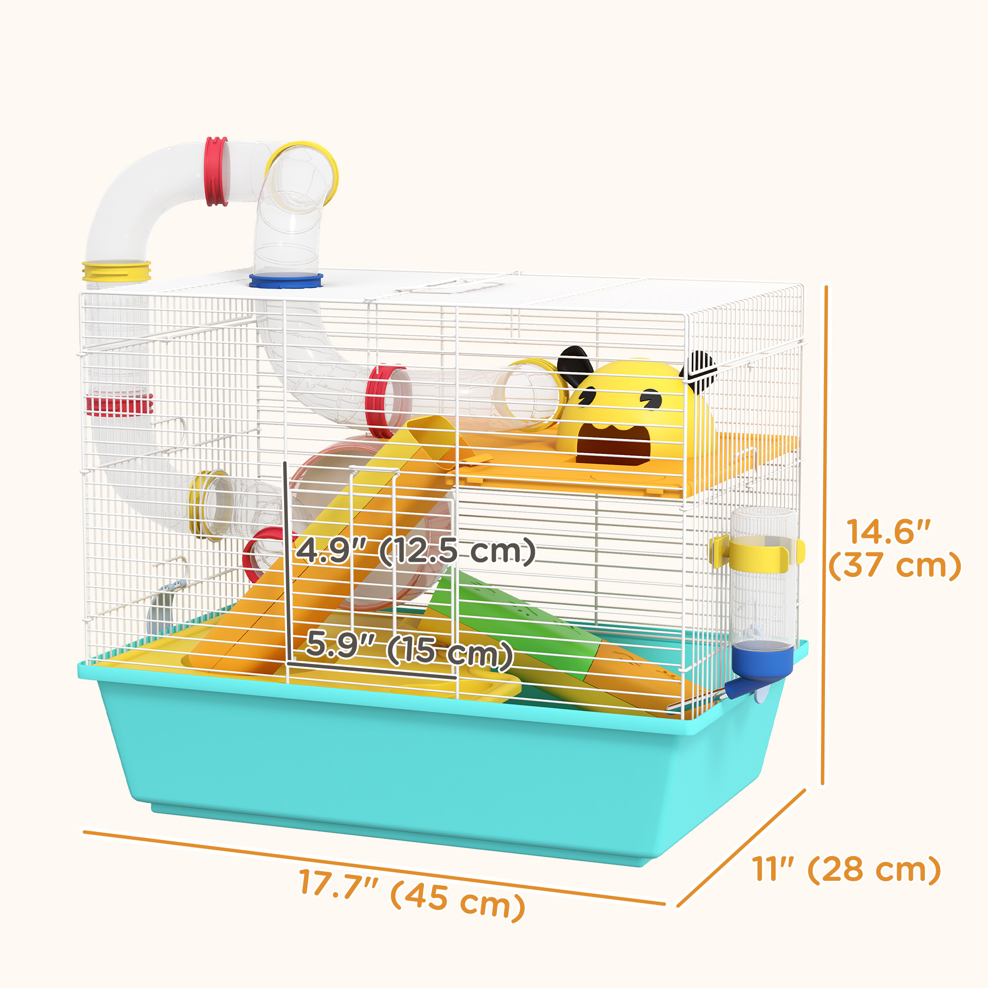 3 Tiers Hamster Cage for Gerbil, Dwarf Hamster with Tunnels, Water Bottle, Exercise Wheel, 18" x 11" x 15" - Light Blue