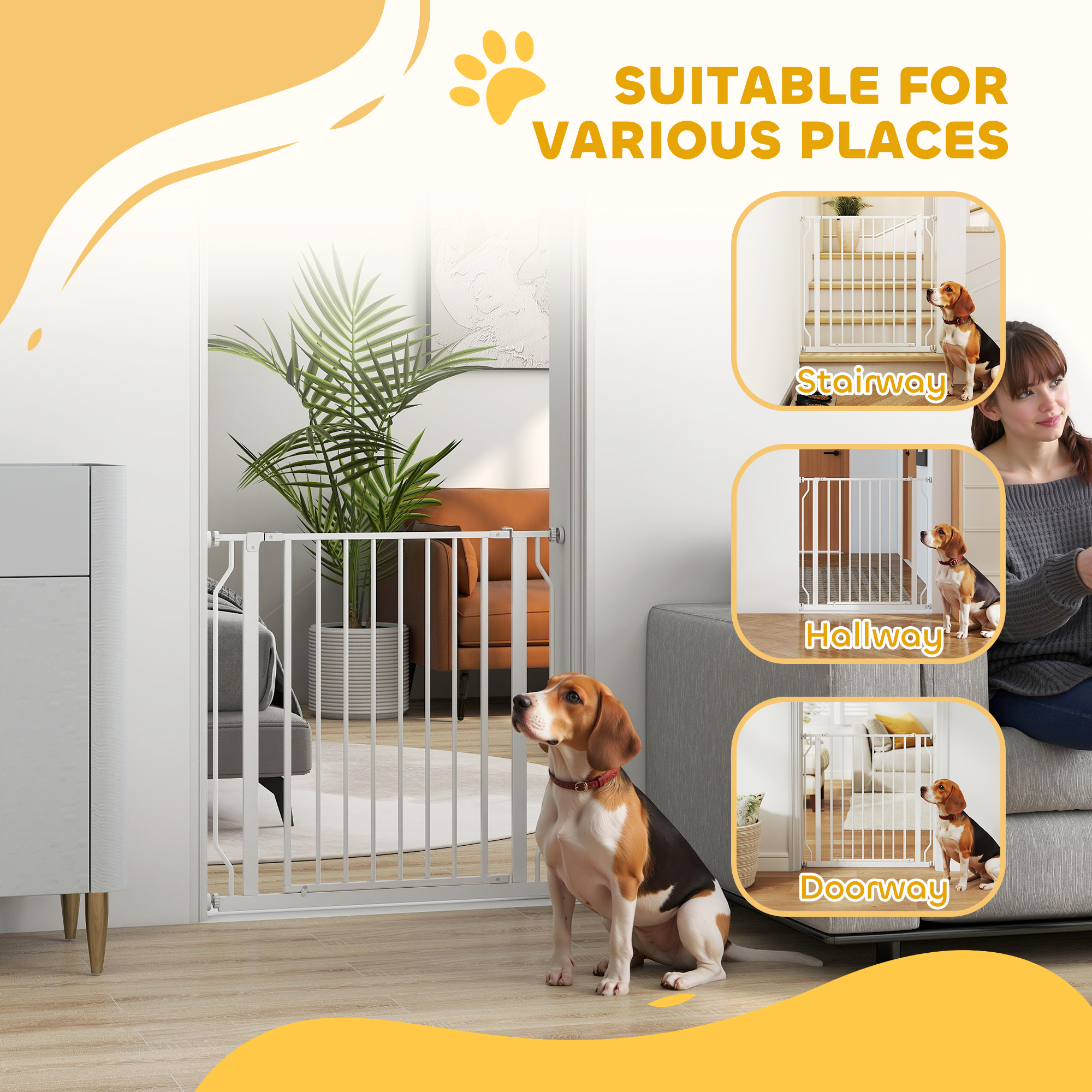 30"- 34" Easy Install Pet Gate w/ Door & Double Locking System, Extra Wide Dog Gate for Stairs, Hallways, White
