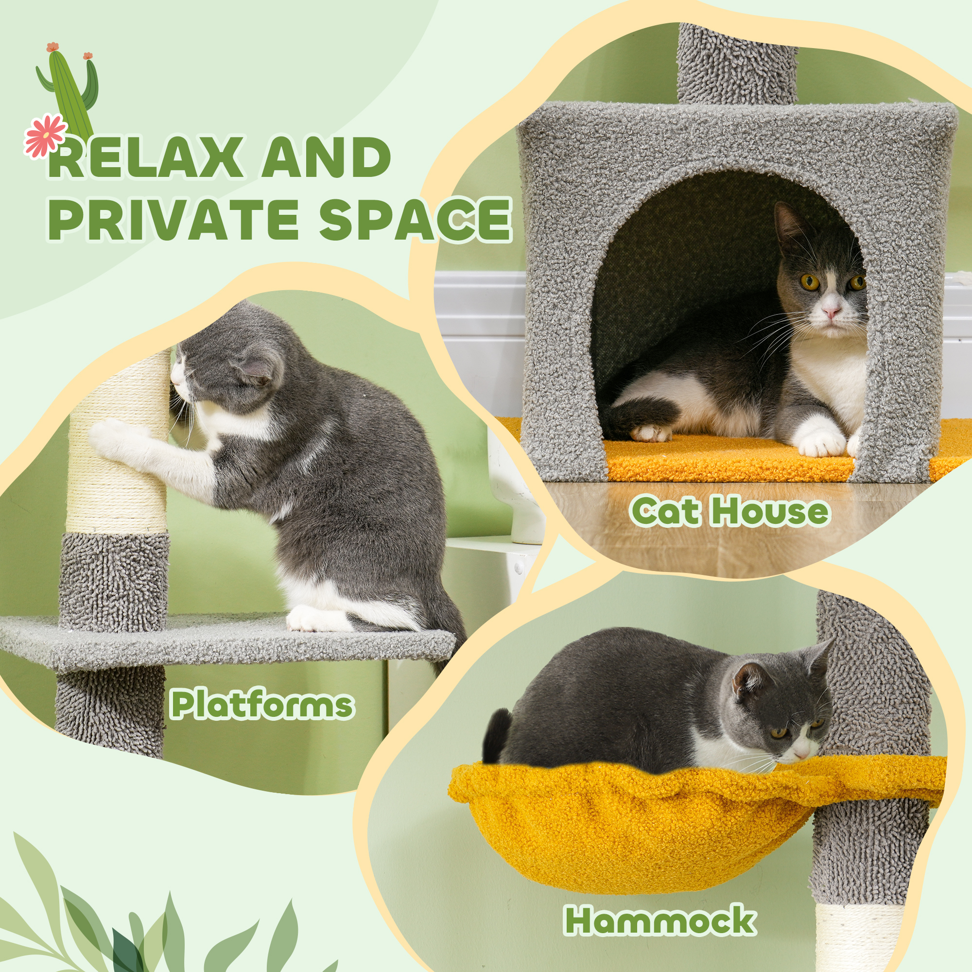 Floor to Ceiling Cat TreeTower with 90.5"-108" Adjustable Height, Scratching Posts, Hammock, Comdo, Toy Ball, Light Grey - Image 7