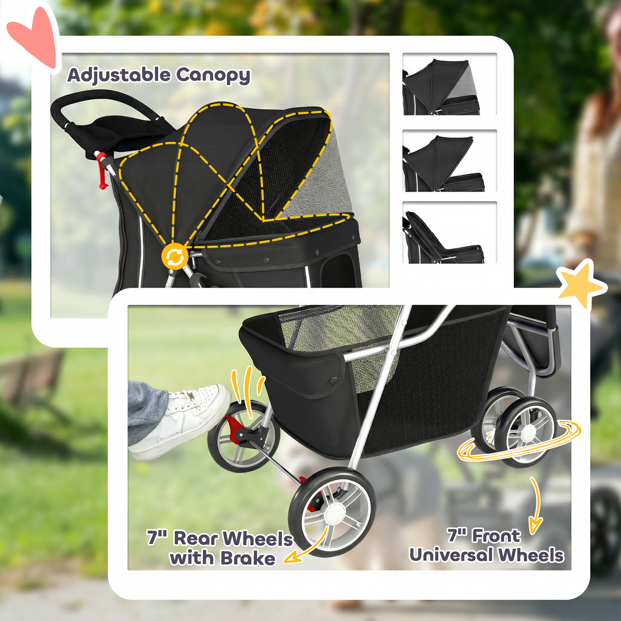 3 Wheels Foldable Dog Stroller with Storage Basket, Adjustable Canopy, Cupholder for Miniature and Small Dogs, Black