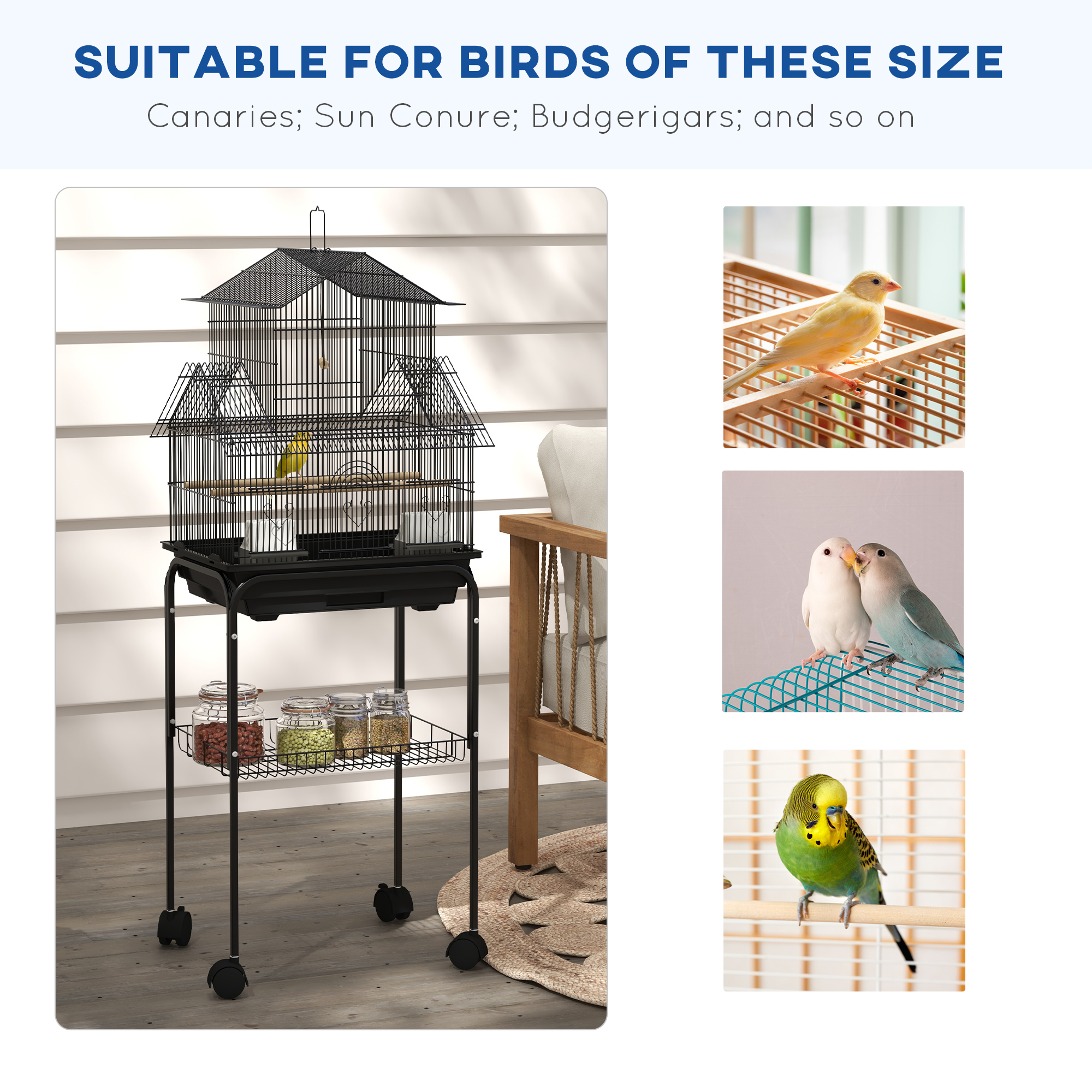48" Bird Cage with Perch, Swing, Food Container, Slide-out Tray, Handle, Parrot Cage for Finches, Canaries, Budgies