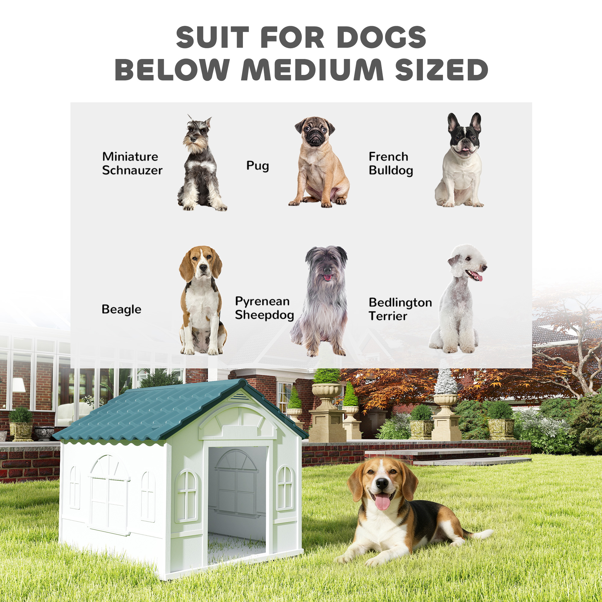 26" Plastic Dog House Outdoor with Air Vents, for Small Medium Dogs, Blue