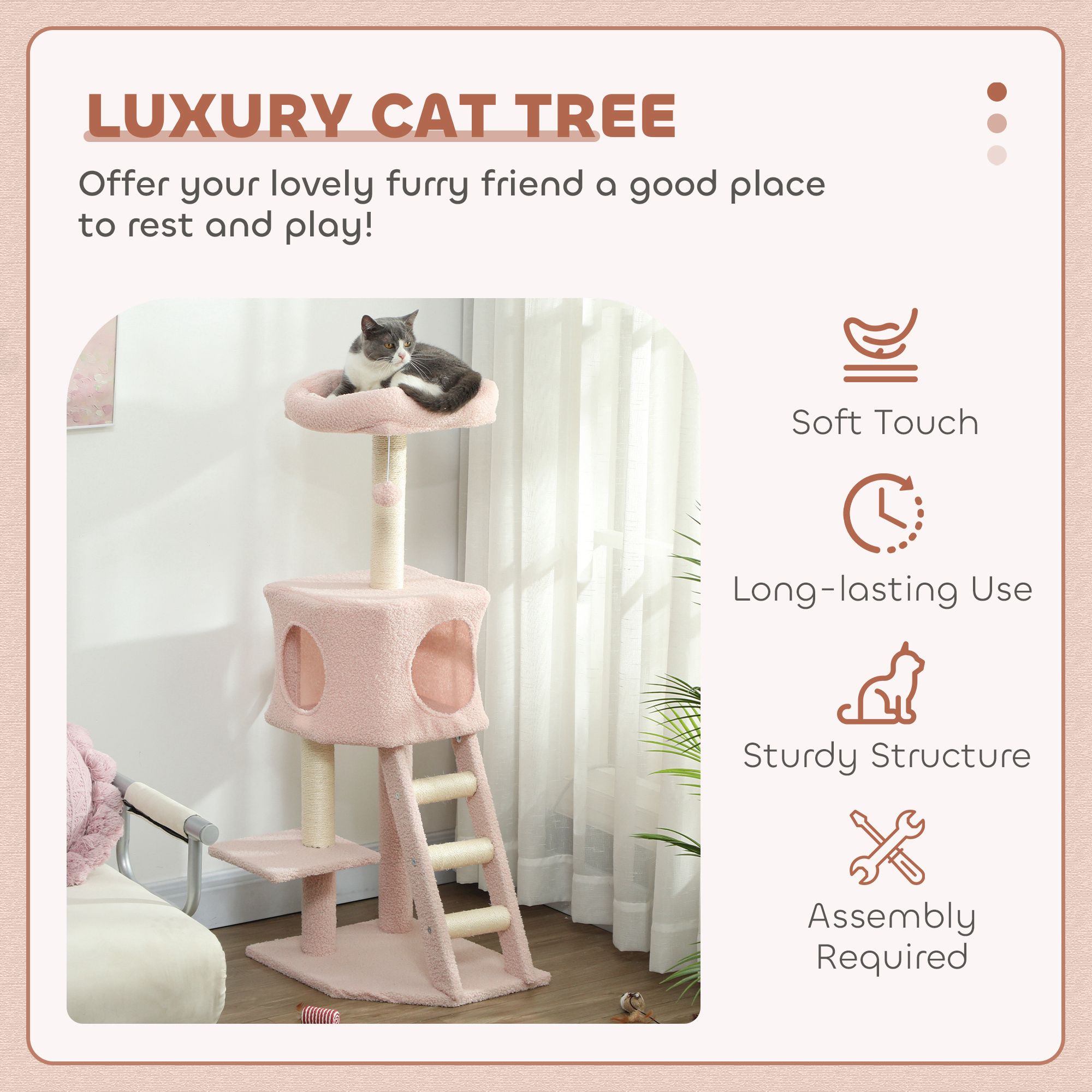47" Tall Cat Tree Tower with Condo, Ladder, Scratching Posts and Hanging Ball, Pink