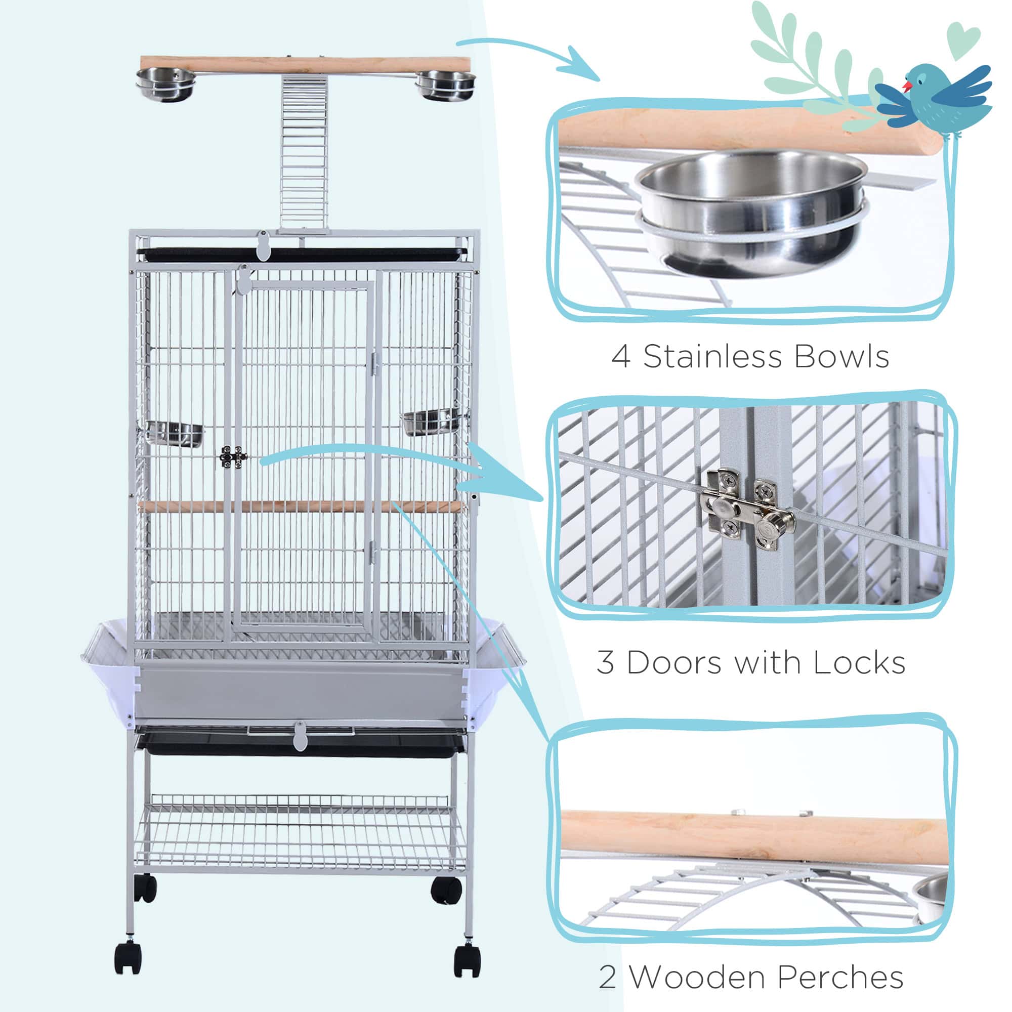 63" Large Bird Parrot Cage Stand Finch Feeder Play Top House Perch Bowl Wheels, Silver - Image 7
