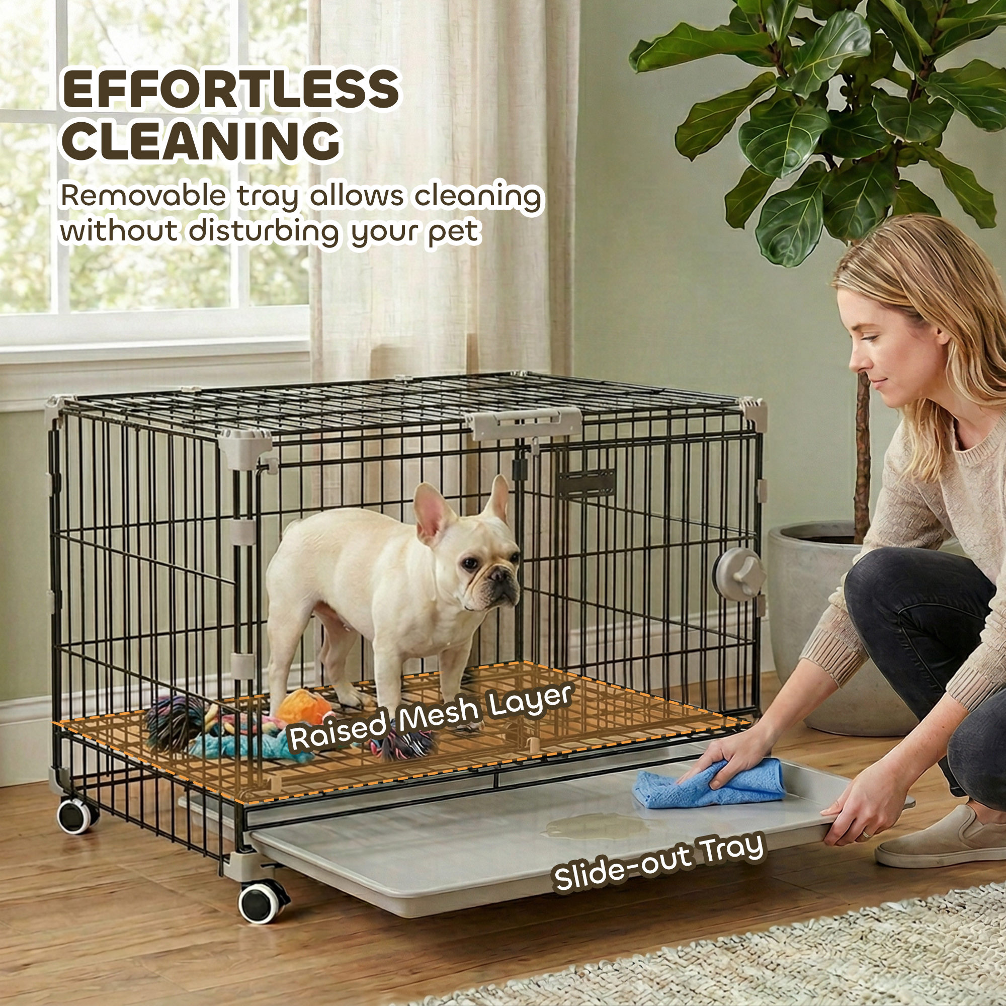Dog Crate, 24 Inch Metal Dog Cage with Removable Tray, Lockable Wheels, 2 Doors for Small Breeds, Black