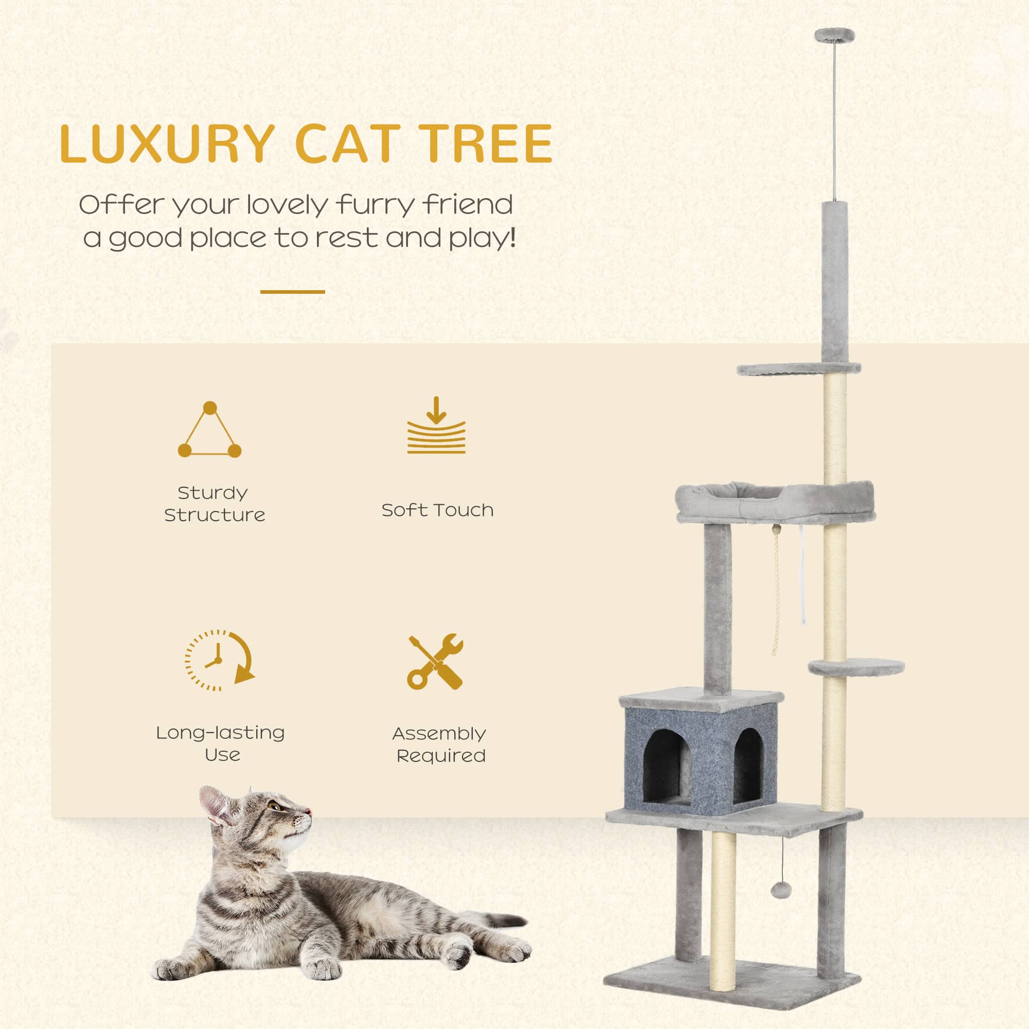 Cat Tree Floor to Ceiling Cat Tower Height Adjustable(85-101 Inches), Tall Large Cat Climbing Activity Center with Scratching Posts Cat Condo Cozy Bed, Grey