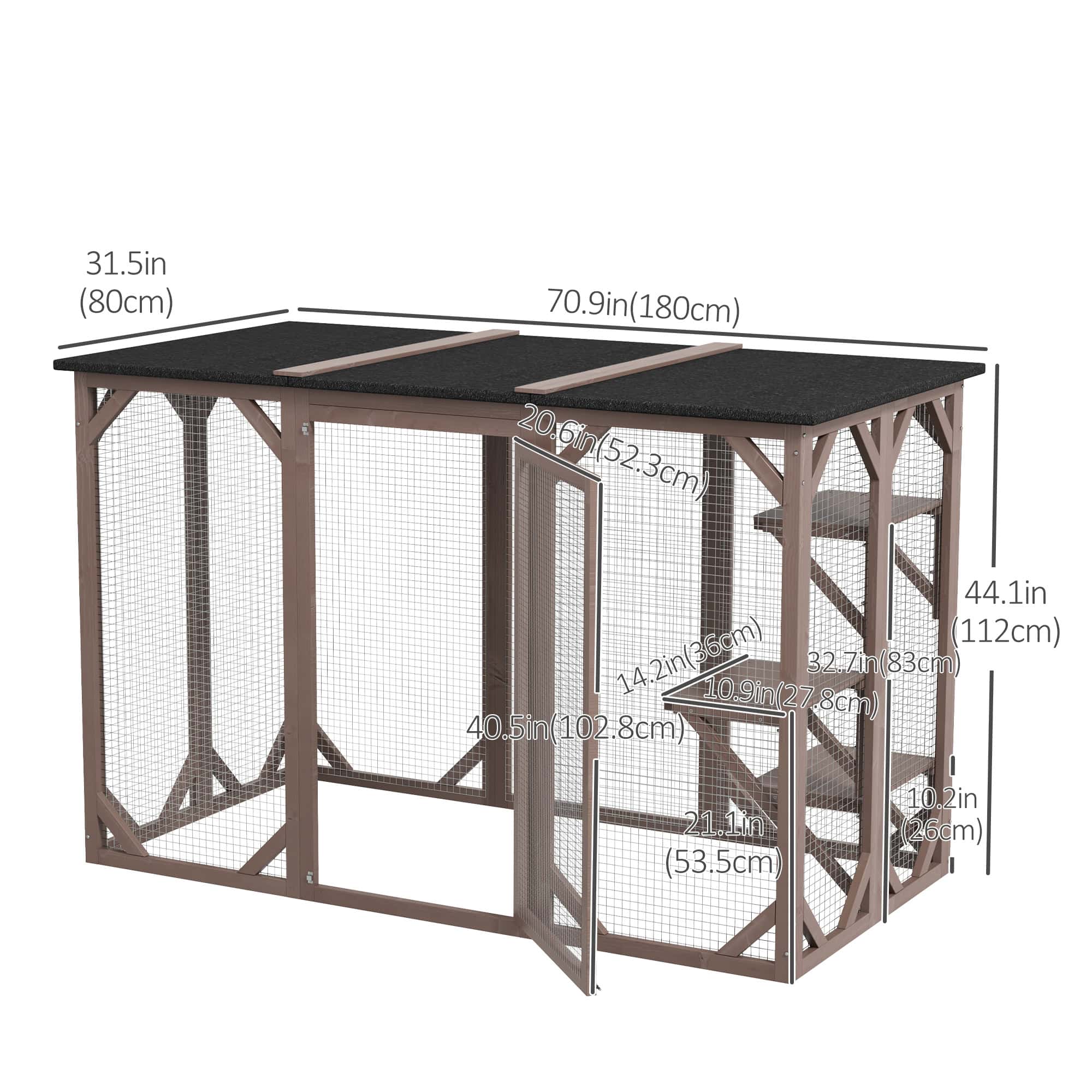 71"L Catio Outdoor Cat Enclosure, Indoor Cat Cage, Pet House, Small Animal Hutch for 1-2 Rabbit, Kitten, Kitty Crate Kennel w/ Waterproof Roof, Multi-Level Platforms, Brown - Image 3