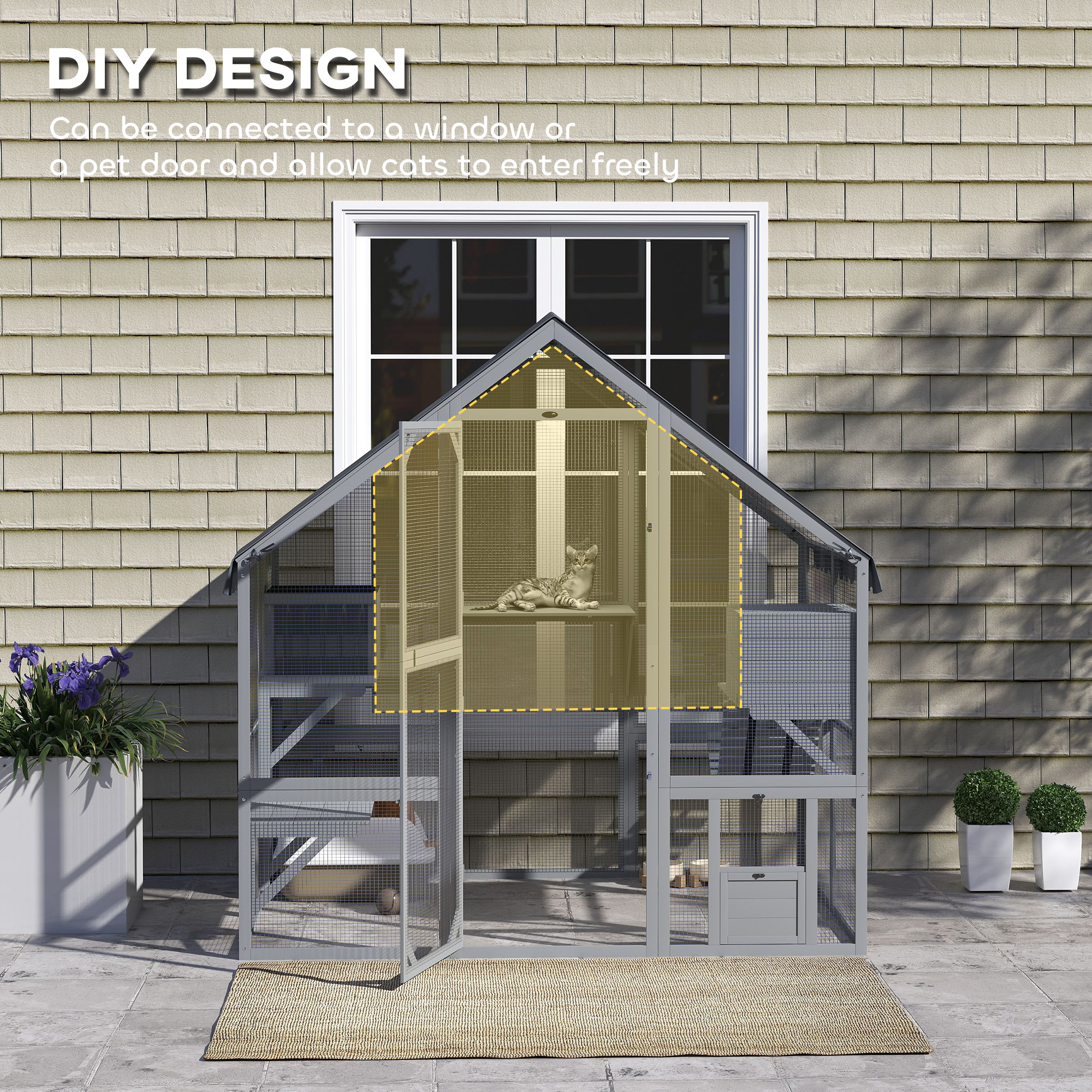 Large Catio Outdoor with Waterproof Cover, 2 Resting Boxes, 4 Platforms, Bridge, for 2-4 Kittens, Grey