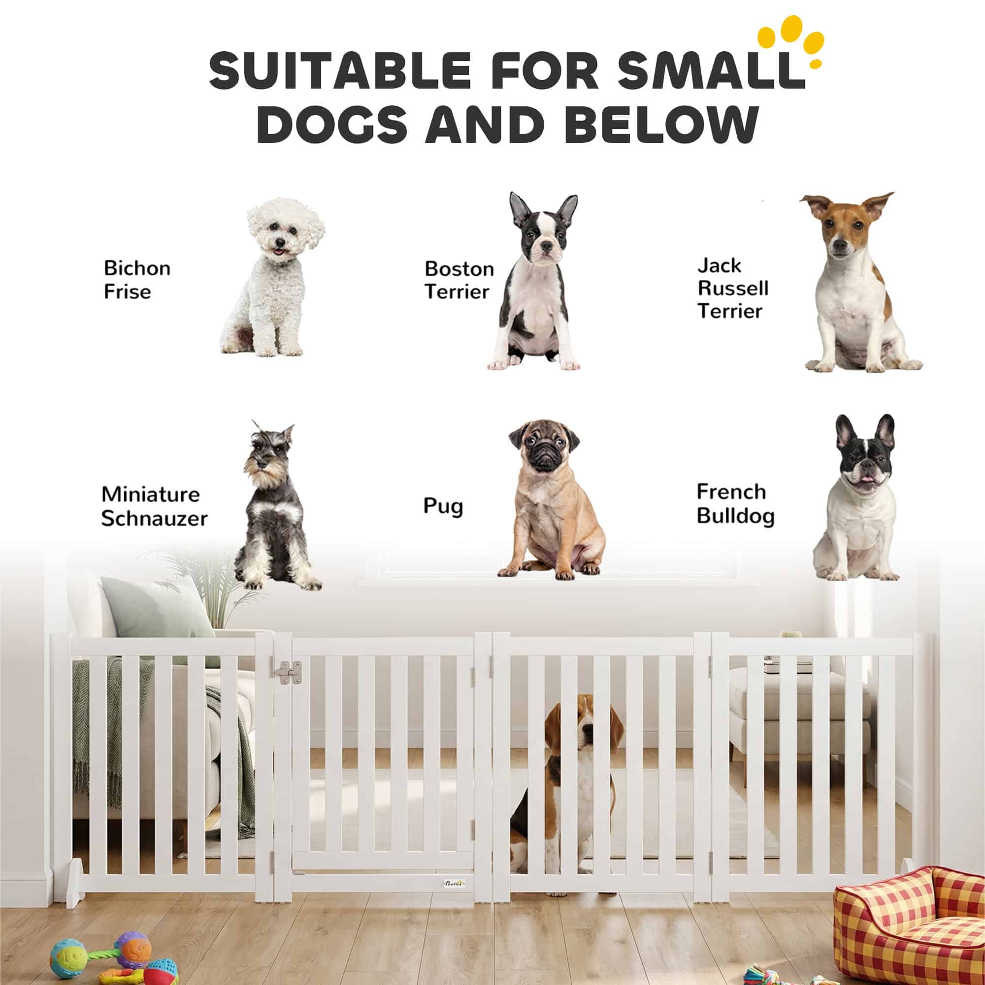 23.5"H Foldable Dog Gate with Door, 4 Panels Freestanding Pet Gate Barriers Indoor with Support Feet, Puppy Fence for Dogs, White - Image 4