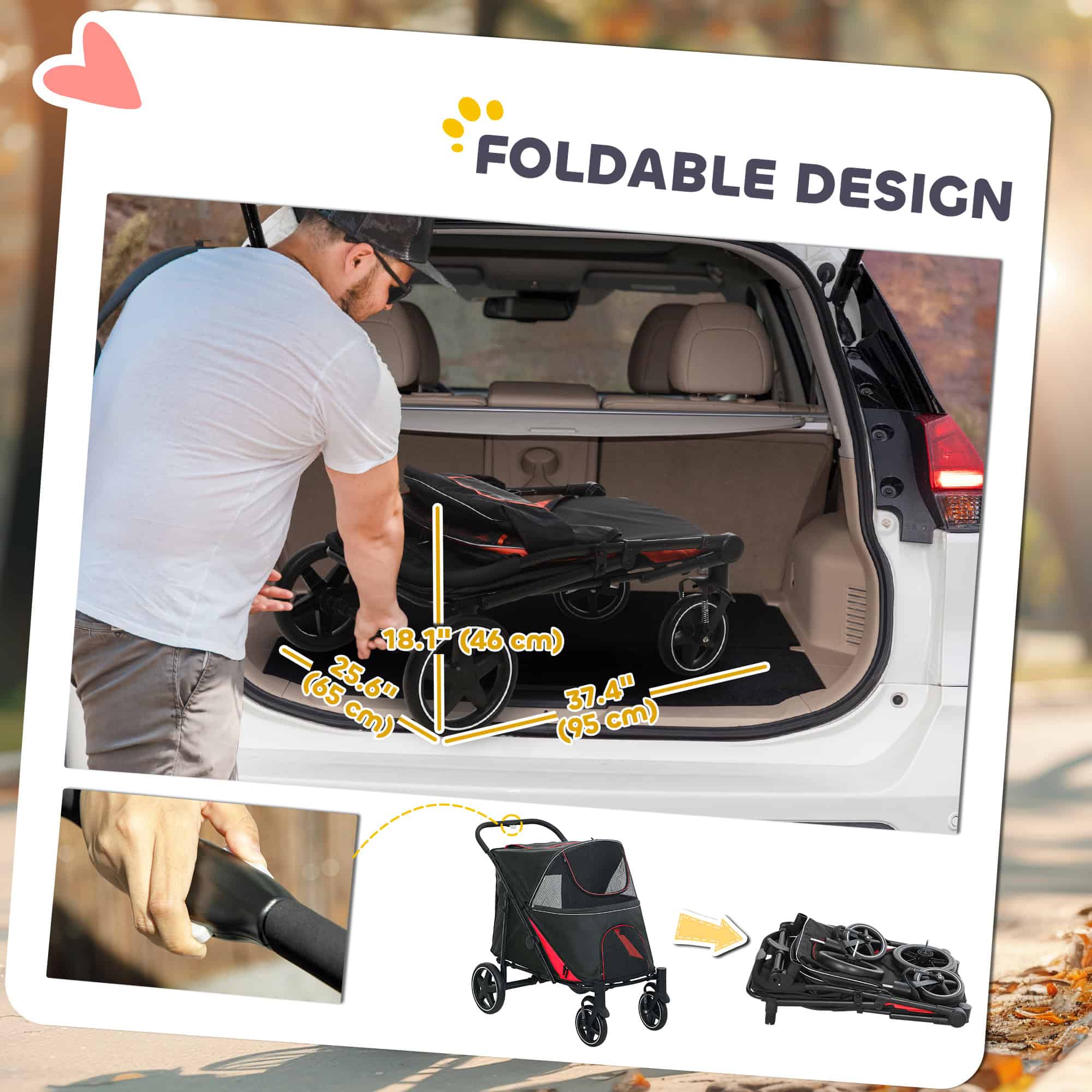 Foldable Pet Stroller with Universal Front Wheels, Shock Absorber, Dog Cat Carriage for Large & Medium Dogs, Black - Image 5