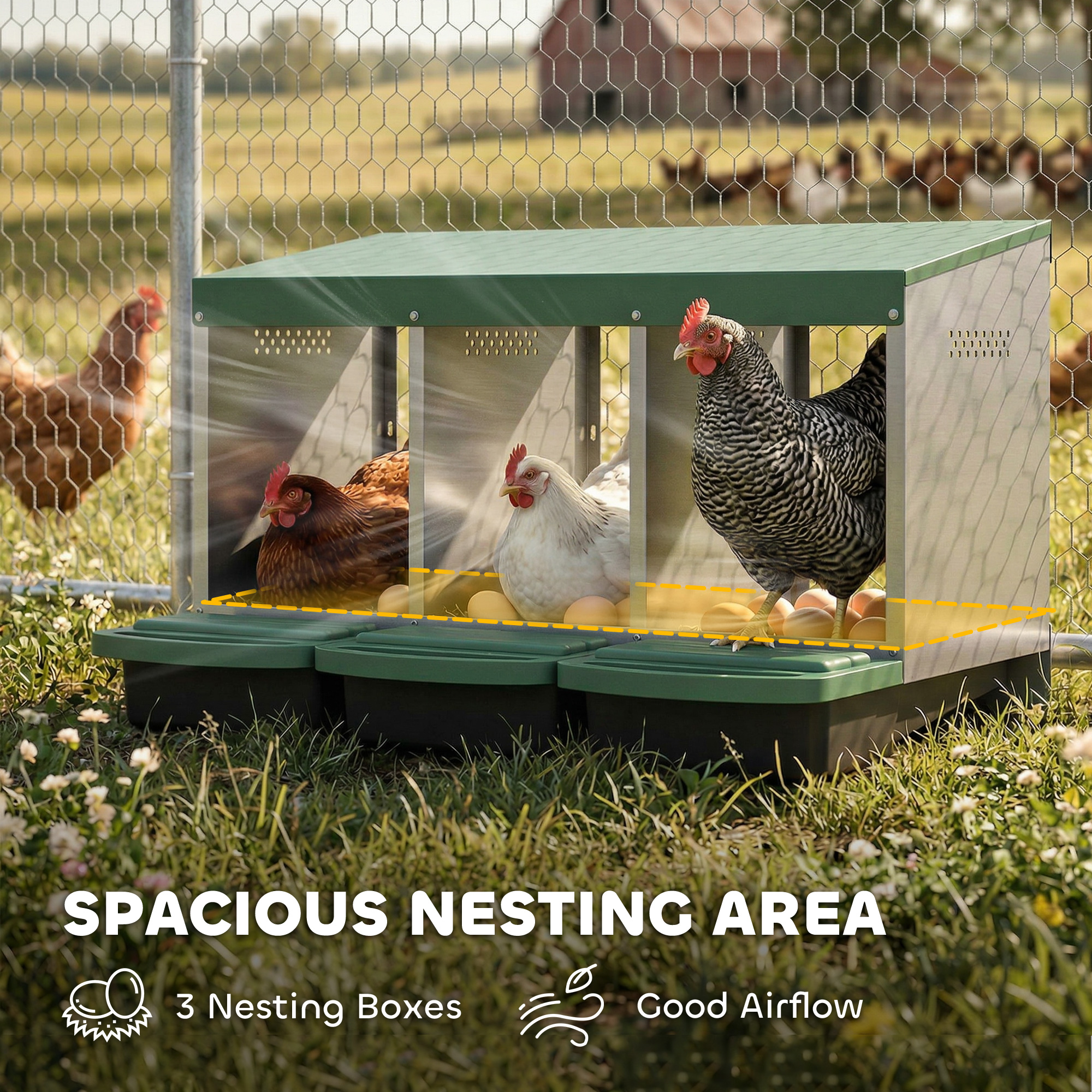 Chicken Nesting Boxes, 3 Compartment Metal Nesting Boxes for Chicken Coop, Egg Laying Boxes with Lid Cover