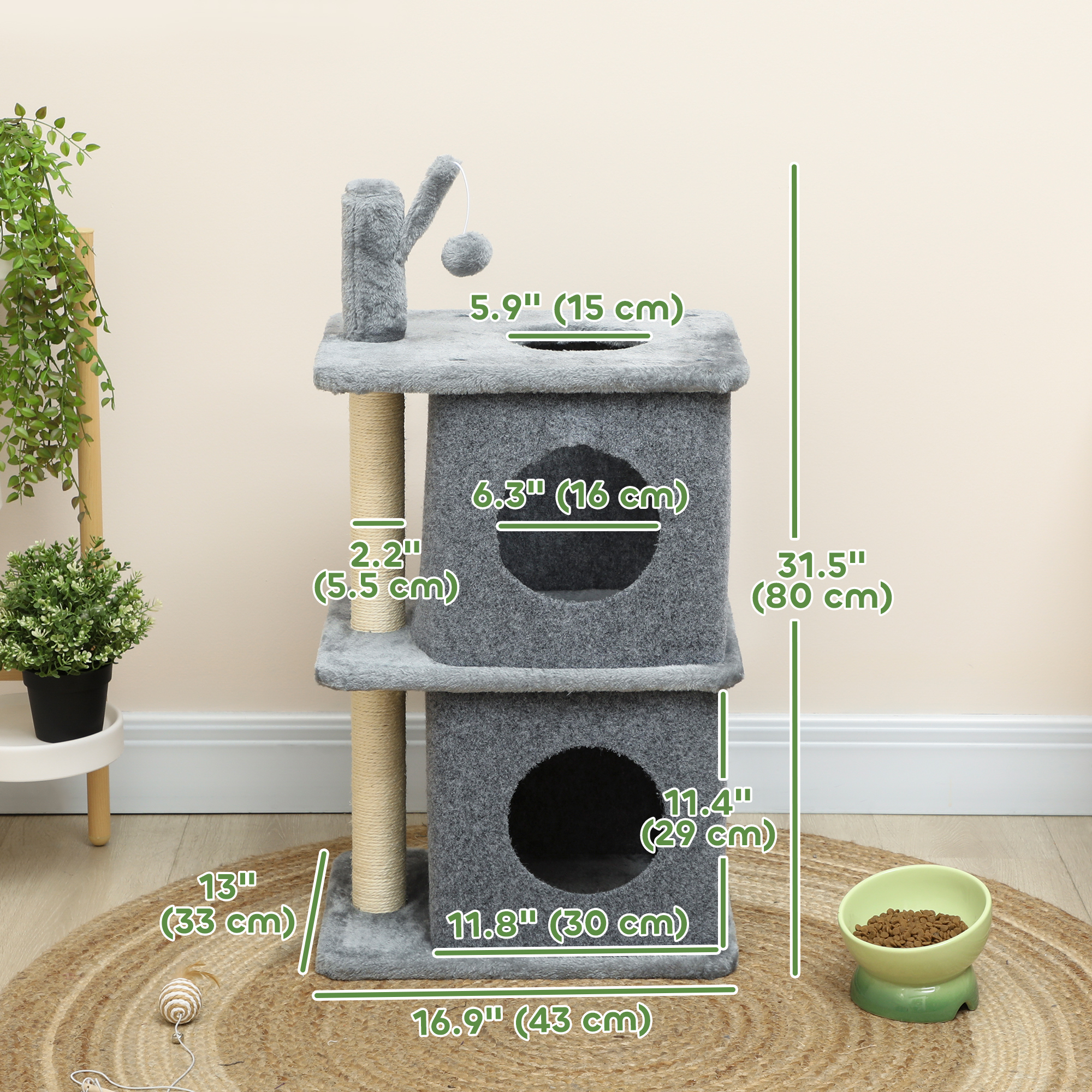 31.5" Cat Tree, Multi-Level Cat Tower with 2 Condos and Soft Plush Perches for 1-2 Cats, Grey