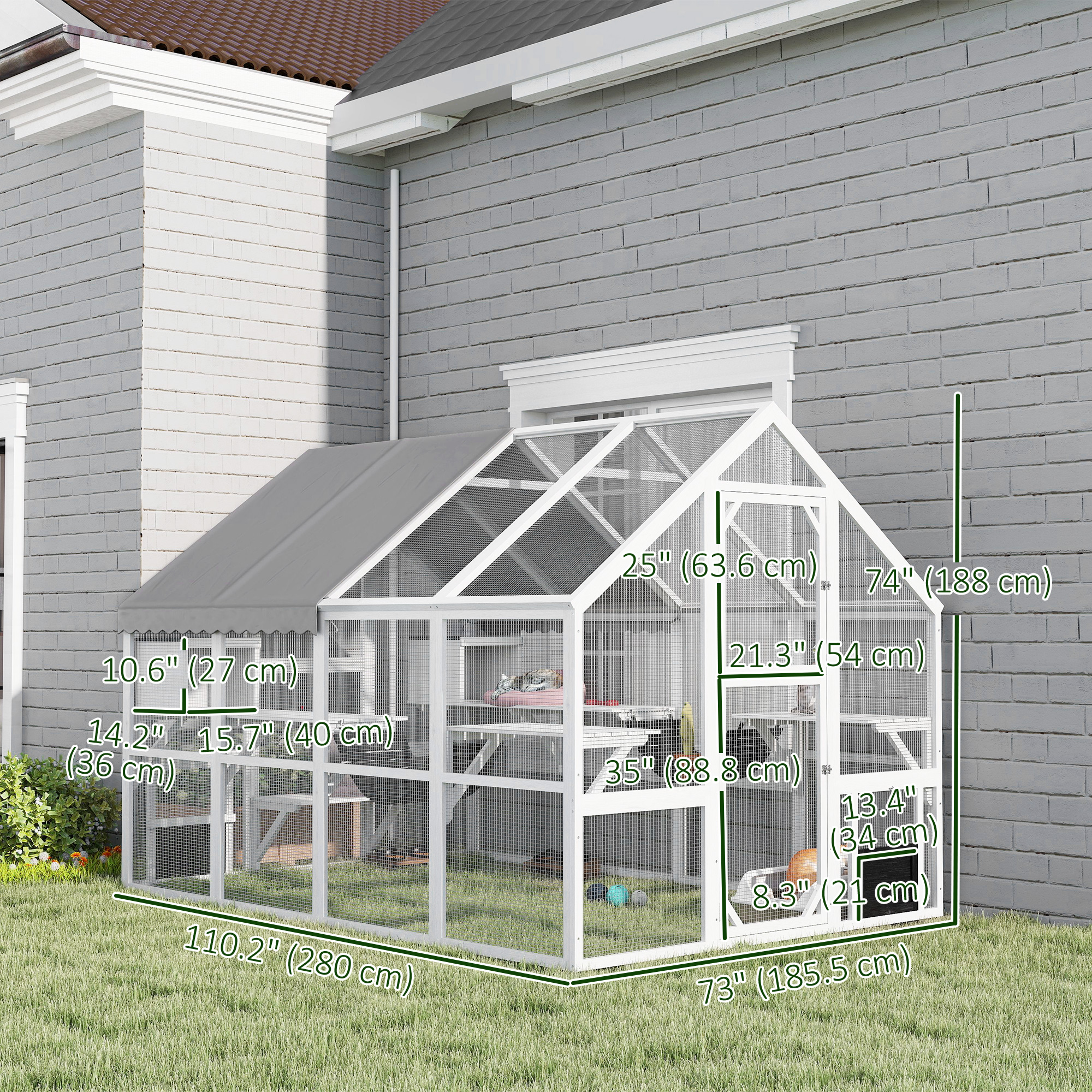 Outdoor Cat Enclosure Wooden Feral Cat House w/ Weatherproof Canopy, Bridges, Resting Boxes, Platforms, for 3-6 Cats