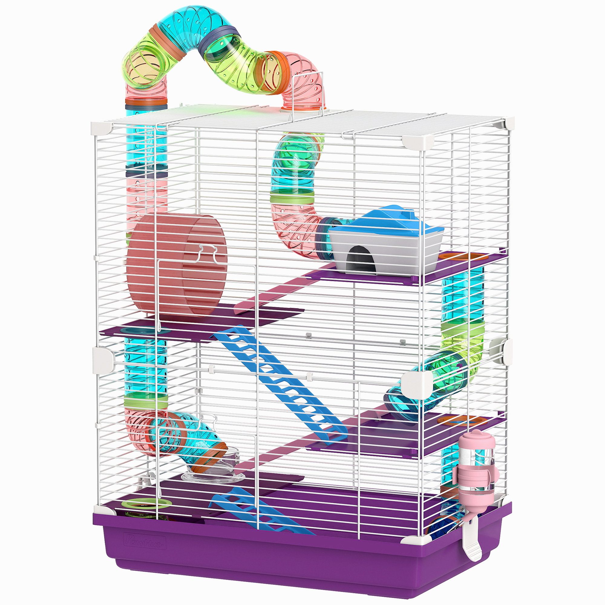 5 Tiers Hamster Cage Portable with Exercise Wheels Play Tube Water Bottle Dishes House Ladder for Gerbils, Purple