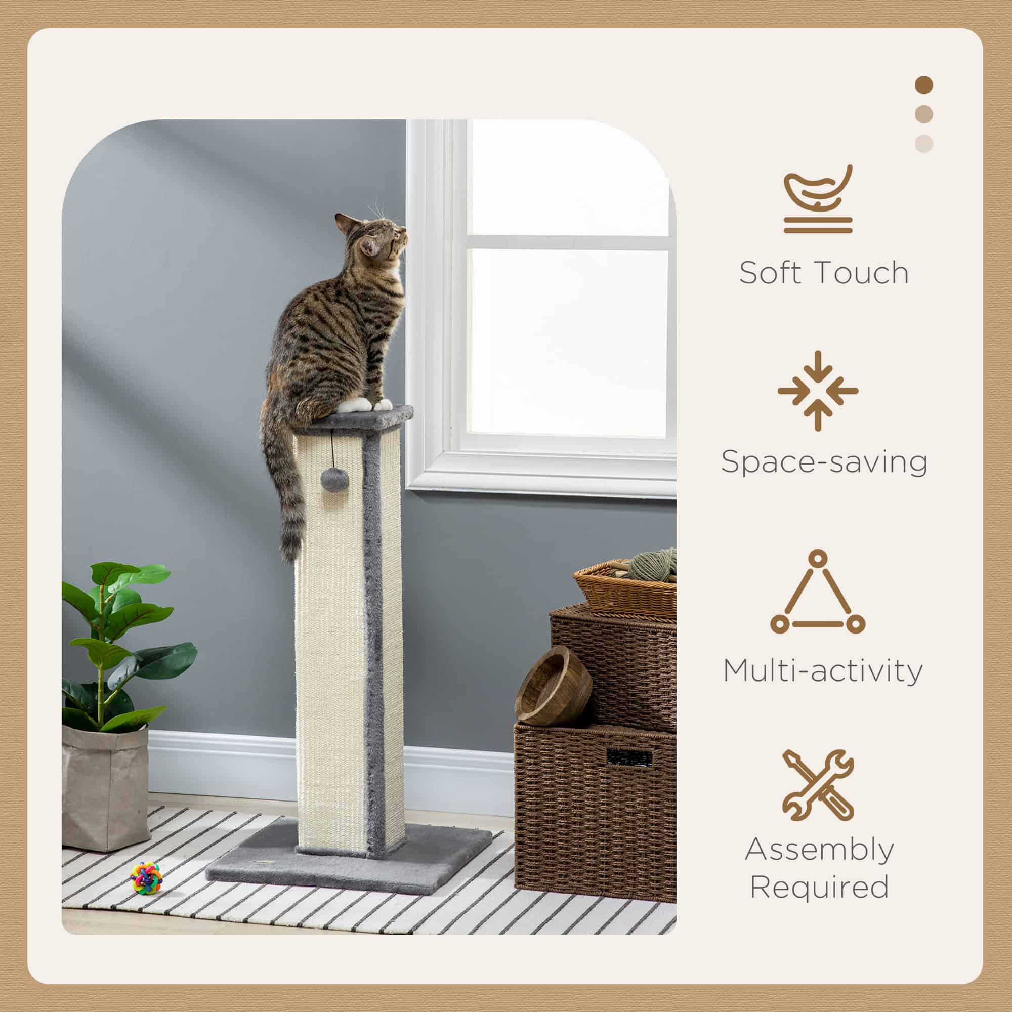 32" Tall Cat Scratching Post for Indoor Cats and Kittens, Sisal Cat Scratcher with Hanging Ball Soft Plush, Grey