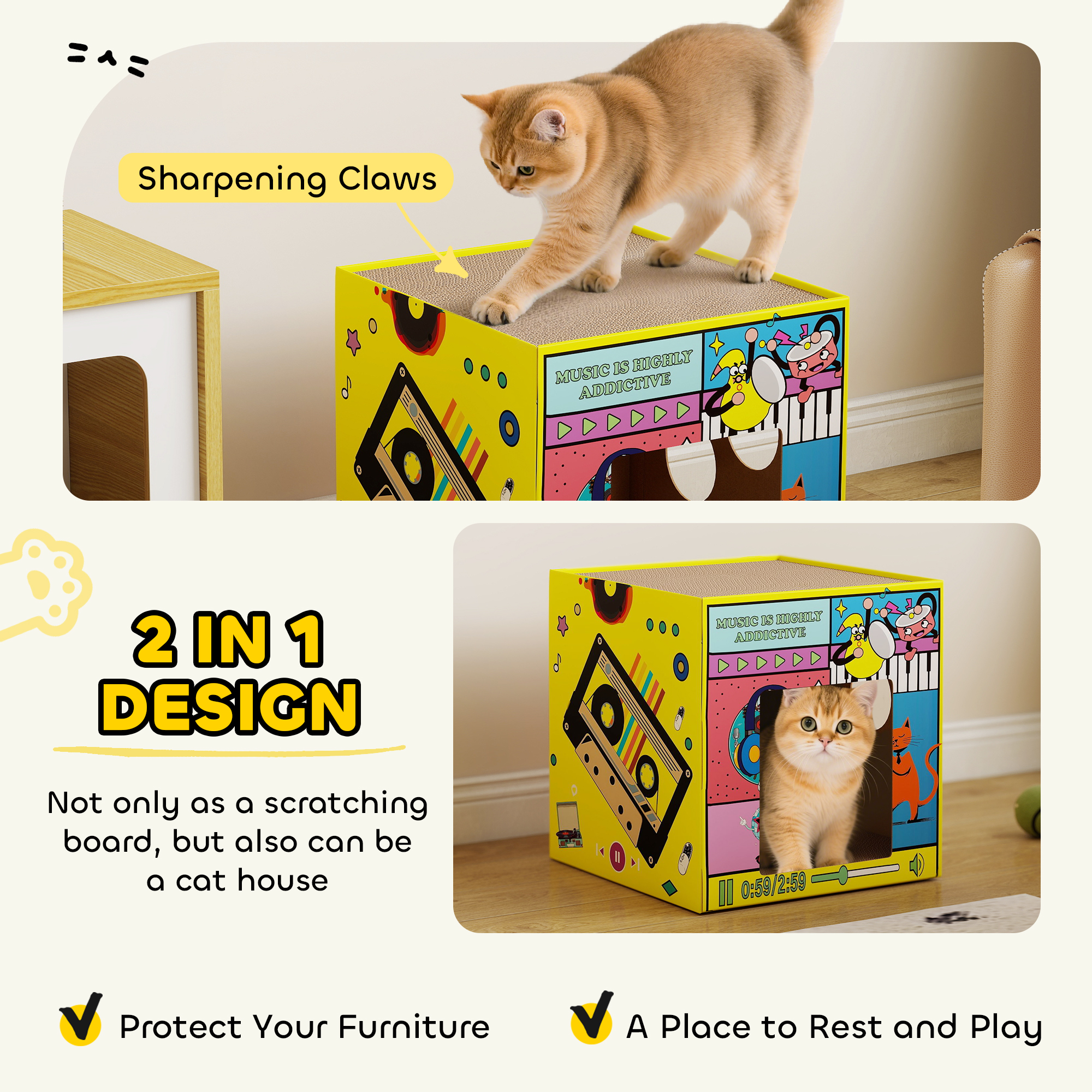 2 in 1 Cardboard Cat House, Cat Scratcher for Indoor Cats with Scratching Board & Catnip