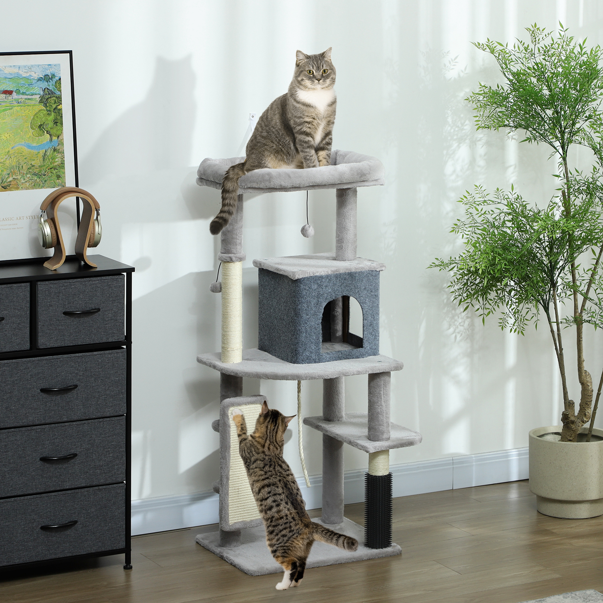 52 Inch Cat Tree with Scratching Posts, Cat Bed, Condo, Grooming Brush, Jumping Platforms, Toy Balls, Anti-tip Kit - Image 8