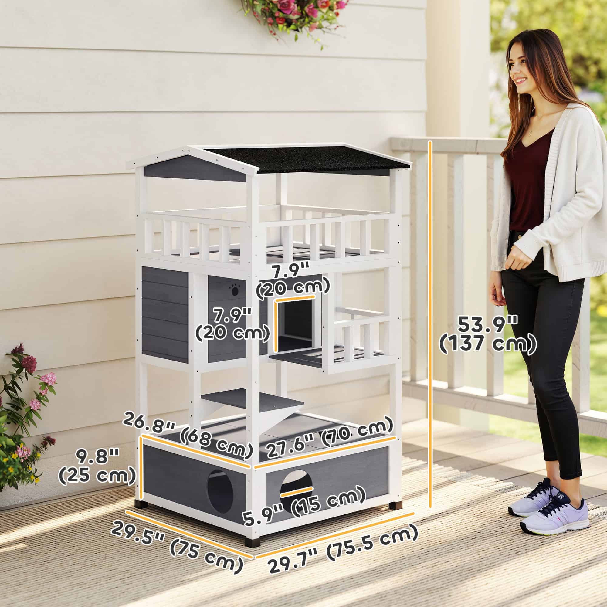4-Floor Wood Outdoor Cat House Catio for Cats with Condo, Fun Entrances, Perch, Grey - Image 3