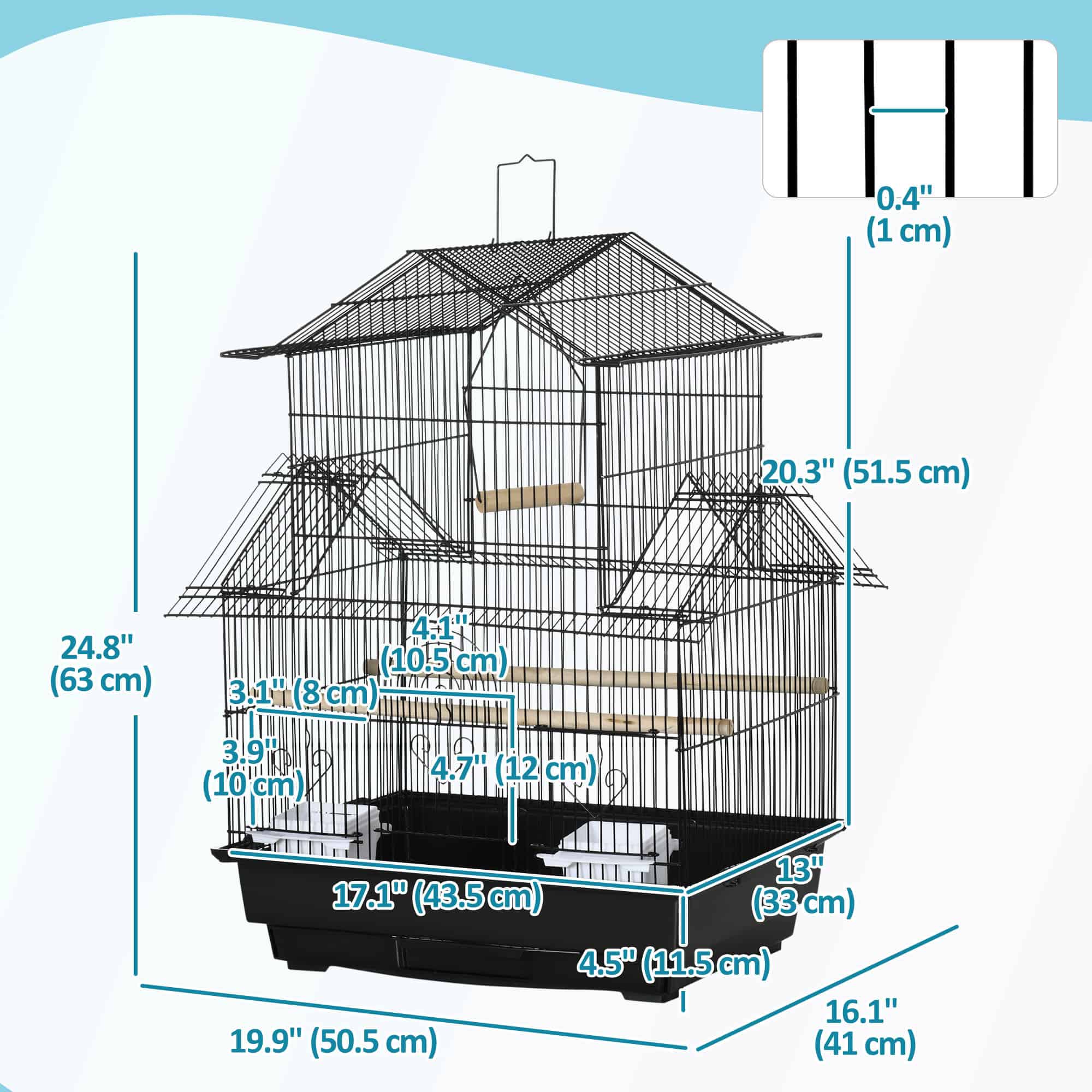 25" Bird Cage with Perch, Swing, Food Container, Slide-out Tray, Handle, Parrot Cage for Finches, Canaries, Budgies - Image 3