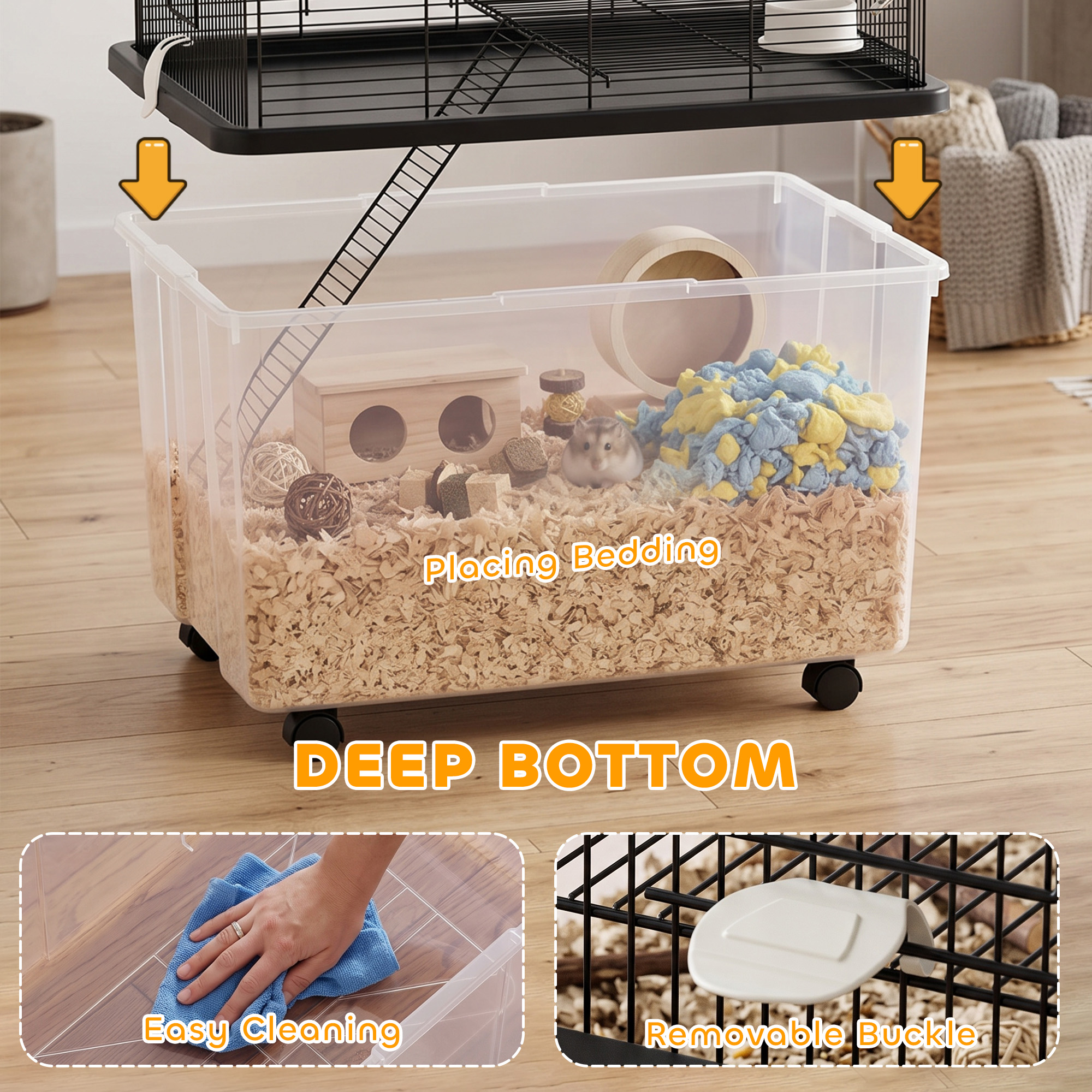 Hamster House Gerbil Habitat for Dwarf Hamster with Wheels, Detachable Bottom - Black