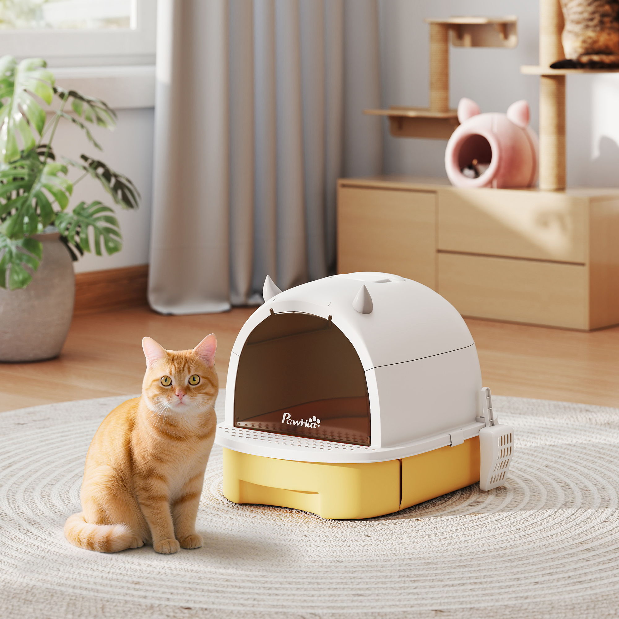 Cat Litter Box with Lid, Front Door Flap, Scoop, Handle, Easy Clean, for Small and Medium Cats, Yellow - Image 8