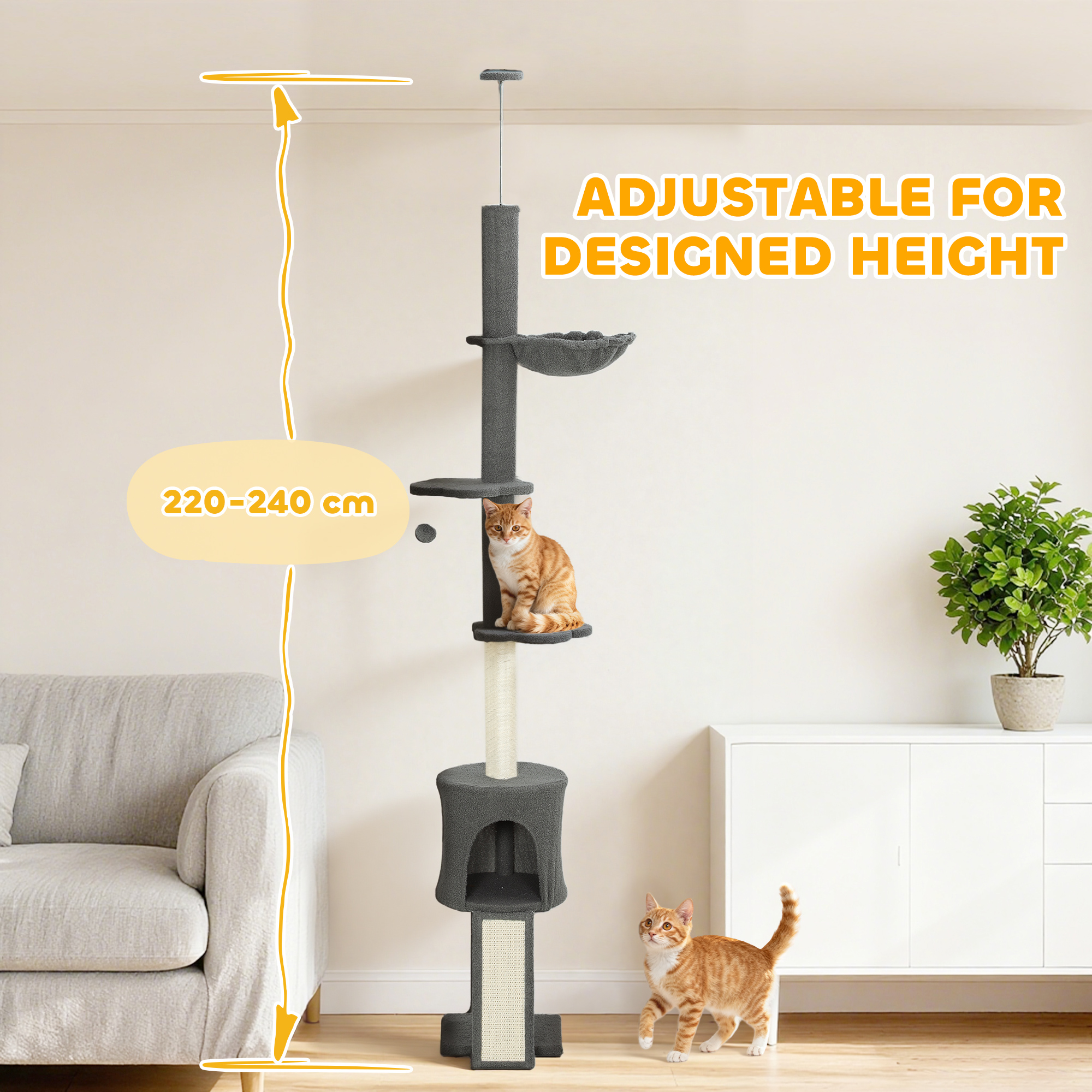 87"-94.5" Floor to Ceiling Cat Tree with Sisal Scratching Post, Condo, Hammock, Ramp, Perches, Dark Grey