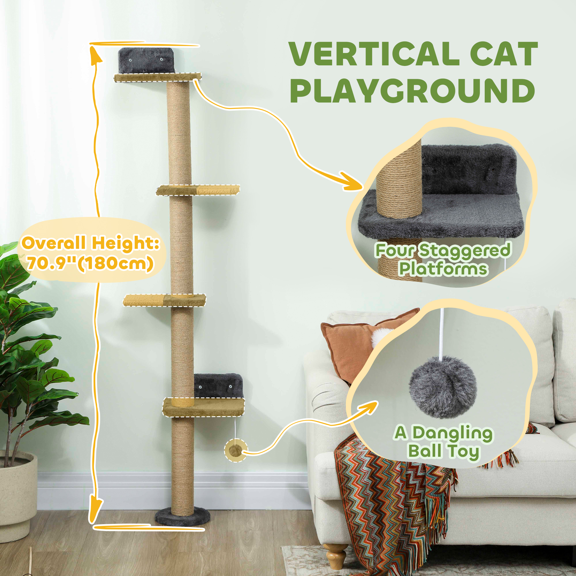 Cat Wall Shelves, Cat Wall Furniture with 4 Platforms, Jute Scratching Post for Indoor Playing, Climbing, Dark Grey - Image 4