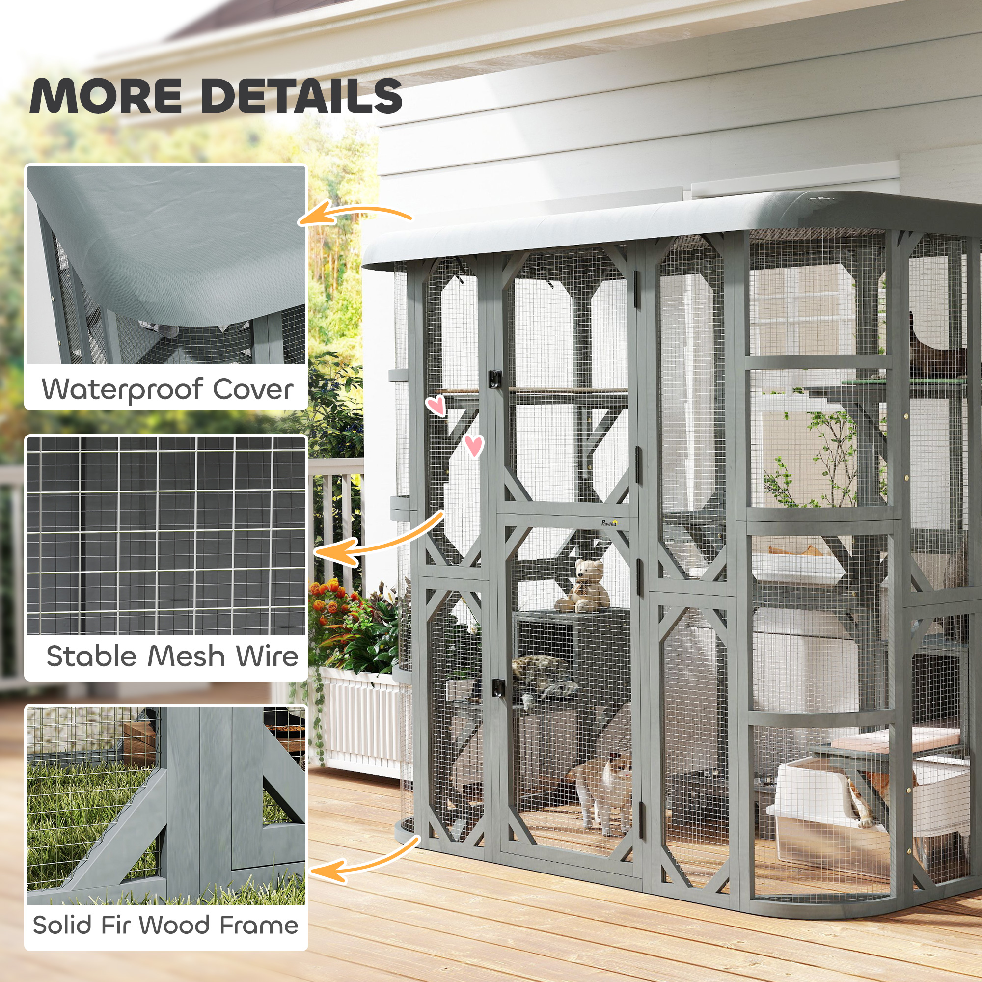 Catio Outdoor Cat Enclosure, 71" Wooden Cat House with Platforms, Condos and Waterproof Cover for 2–3 Kittens, Grey