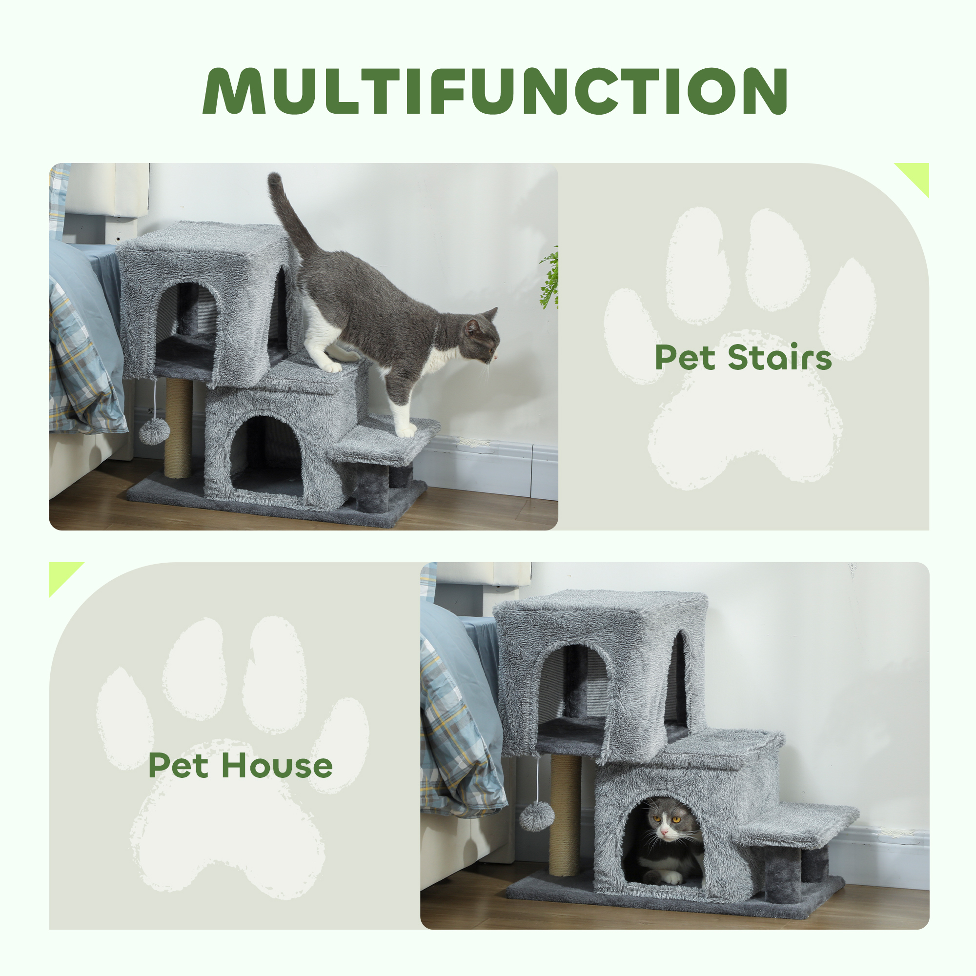 4-Step Pet Stairs, Adjustable Height Cat Stairs with Scratching Posts Cat Condo, Hanging Ball for High Bed, Grey