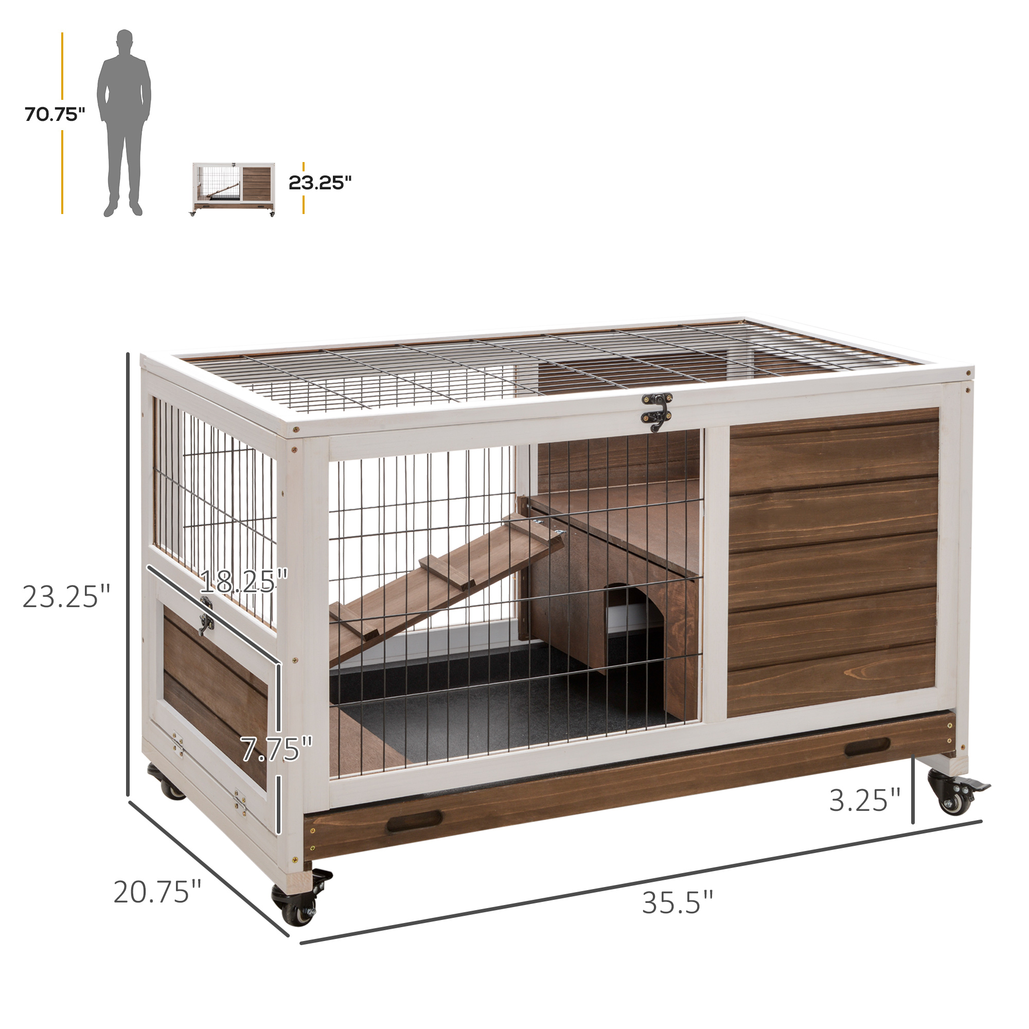 Wooden Indoor Rabbit Hutch Elevated Bunny Cage Habitat with Enclosed Run with Wheels, Ideal for Rabbits and Guinea Pigs, Brown