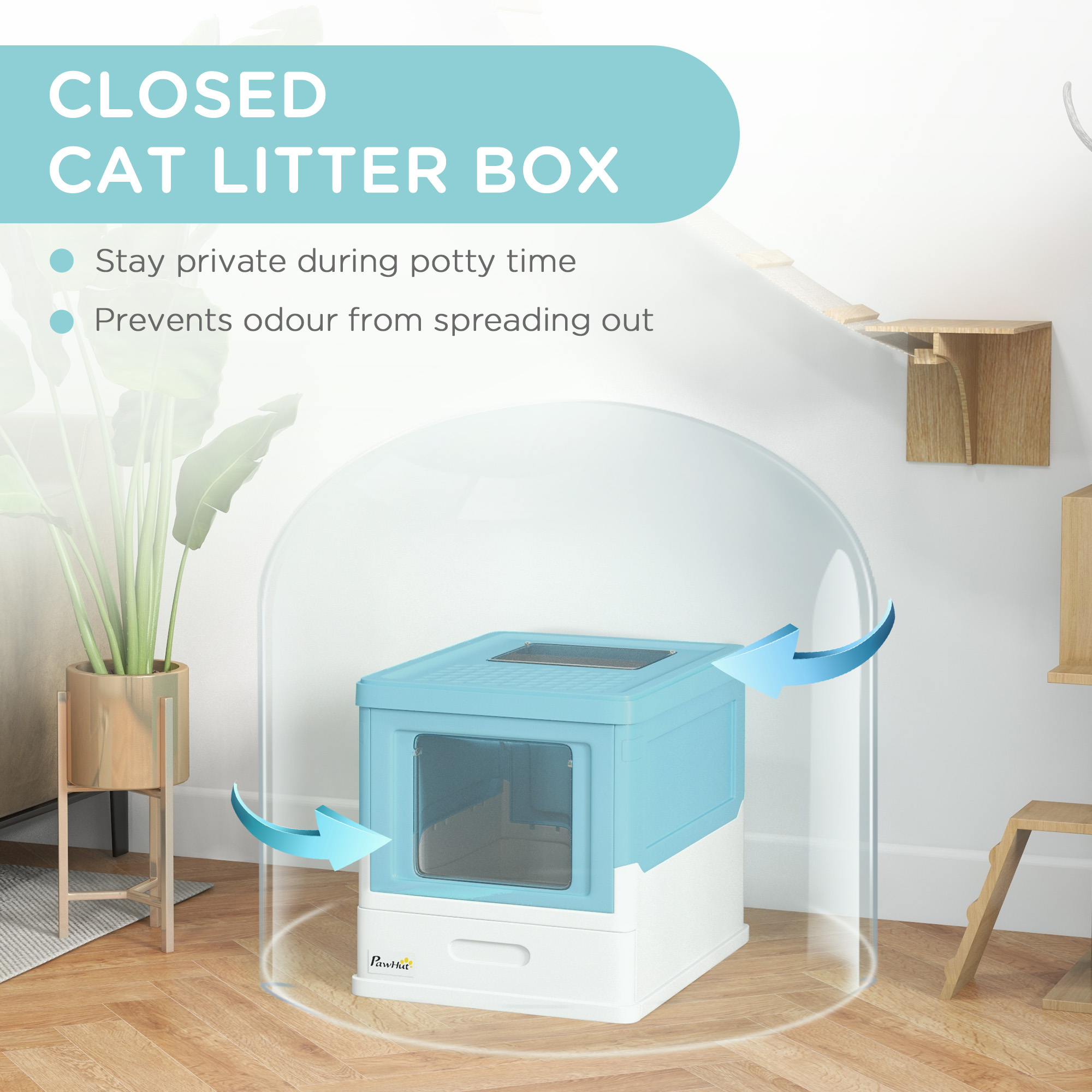 Top Entry Enclosed Kitty Litter Box with Scoop, Tray, Front Entry, Large Space, Foldable, Portable, Blue