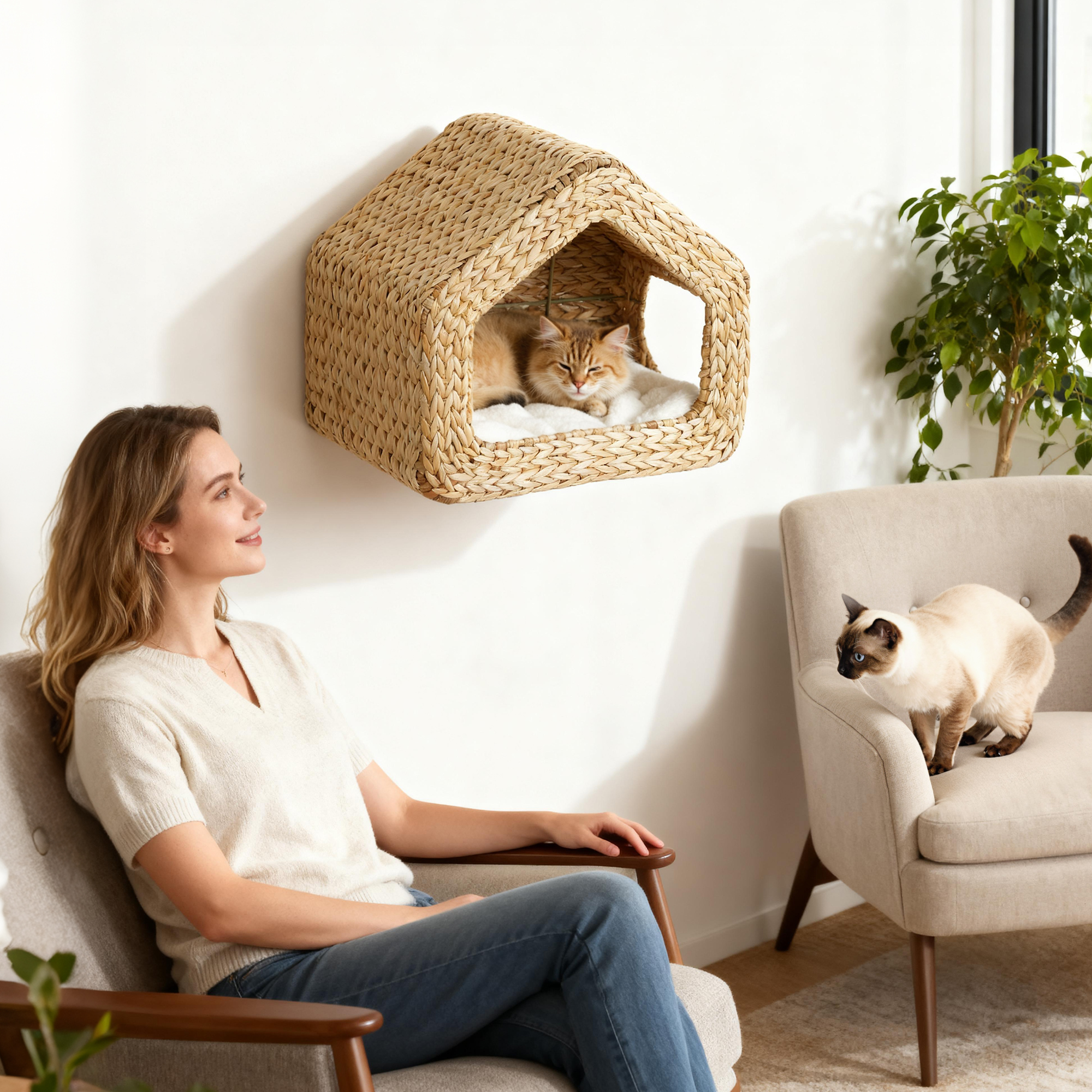 Cat Wall Shelf, Wall Mounted Cat House with Washable Cushion, Kitty Shelf Furniture for Indoor Kittens, Natural - Image 8