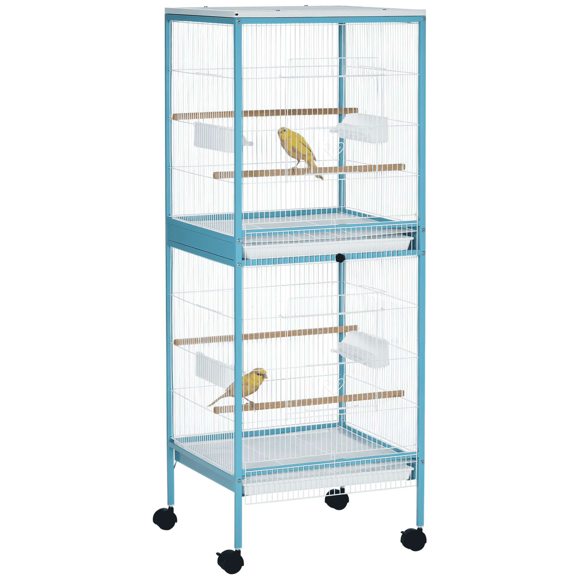 55.1" 2 In 1 Bird Cage Aviary Parakeet House for finches, budgies with Wheels, Slide-out Trays, Wood Perch, Food Containers, Light Blue
