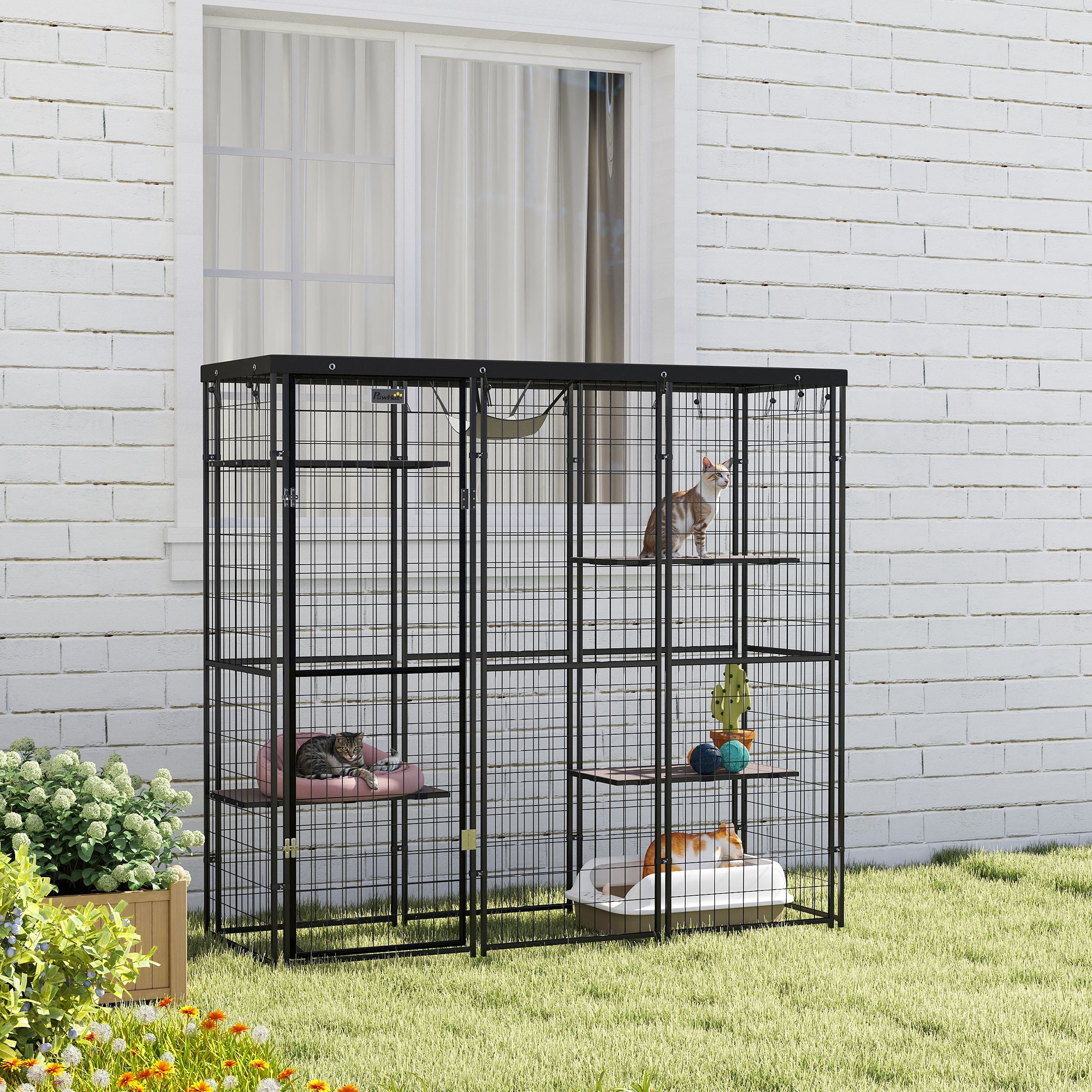 Weld Wire Catio Outdoor Indoor with Waterproof Cover, 4 Jumping Platforms, Hammock, 69" x 22" x 62", Black
