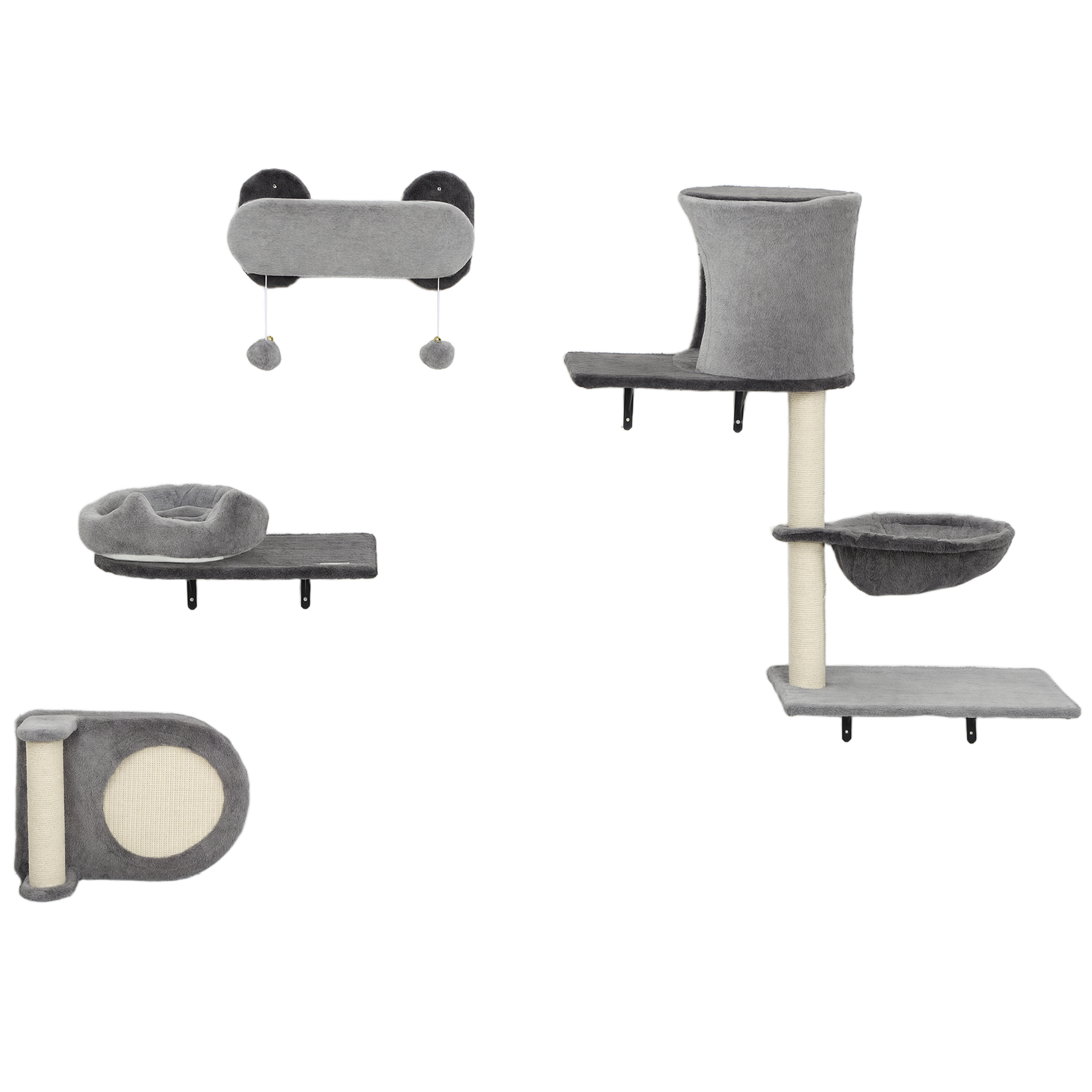 4Pcs Cat Wall Shelves with Scratching Post & Pad, Condo, Hammock, Bed, Step, Hanging Pompoms, Perches