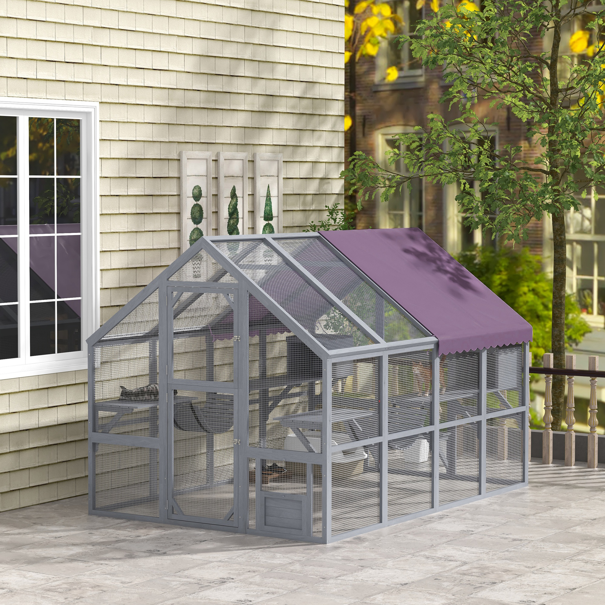 Outdoor Cat Enclosure Wooden Feral Cat House w/ Weatherproof Canopy, Bridges, Resting Boxes, Platforms, for 3-6 Cats