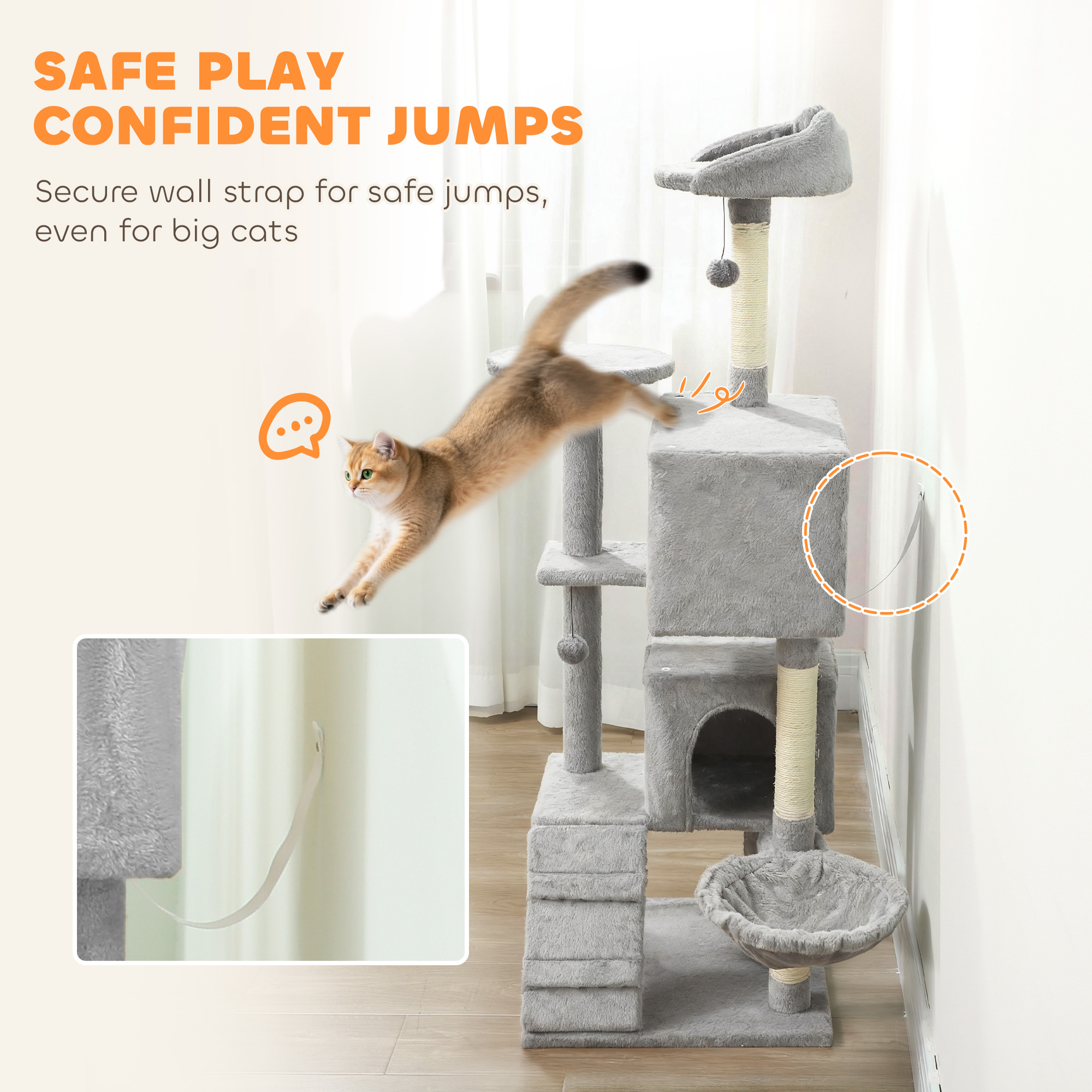 63 Inch Cat Tree with Sisal Scratching Posts, Condos, Plush Perches, Hammock, Ladder, Dangling Balls, Light Grey